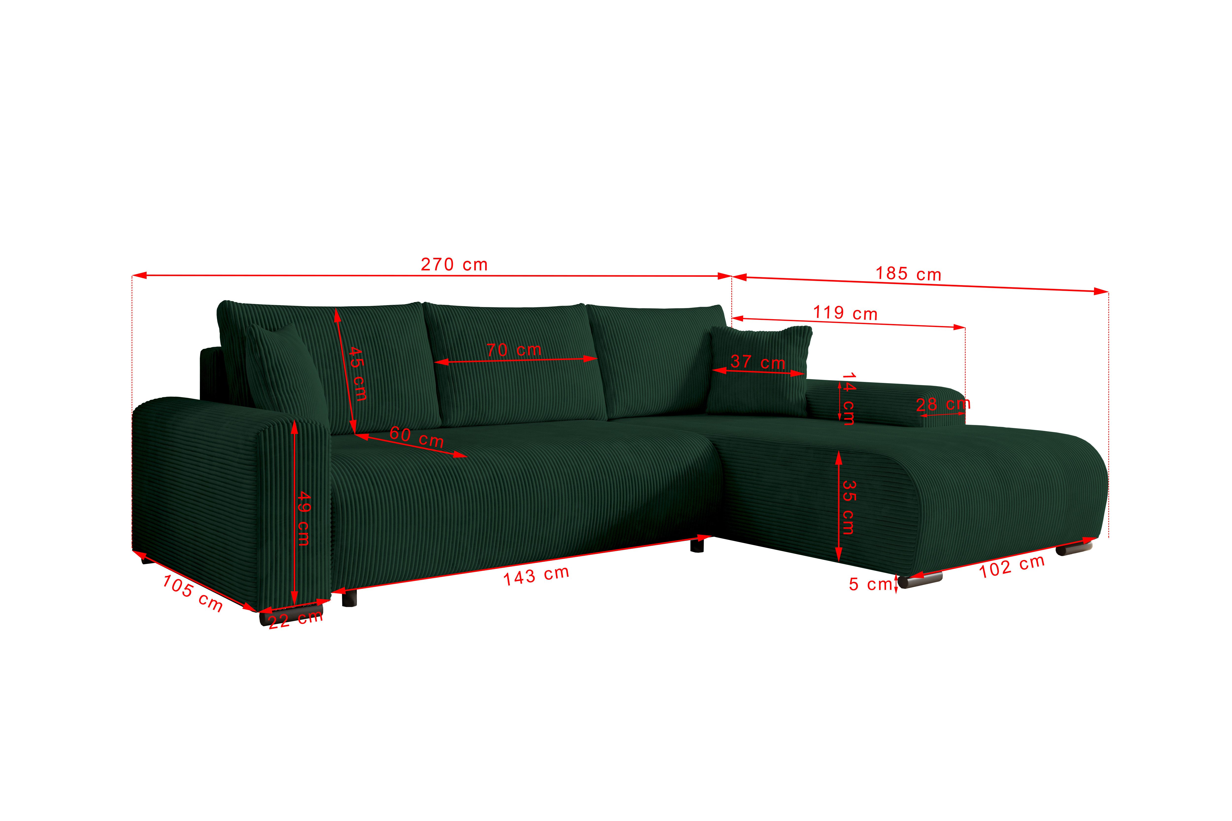 storez24 Ecksofa Ellen, mit Bettkasten und Schlaffunktion, Cordstoff, L-Form, bequem