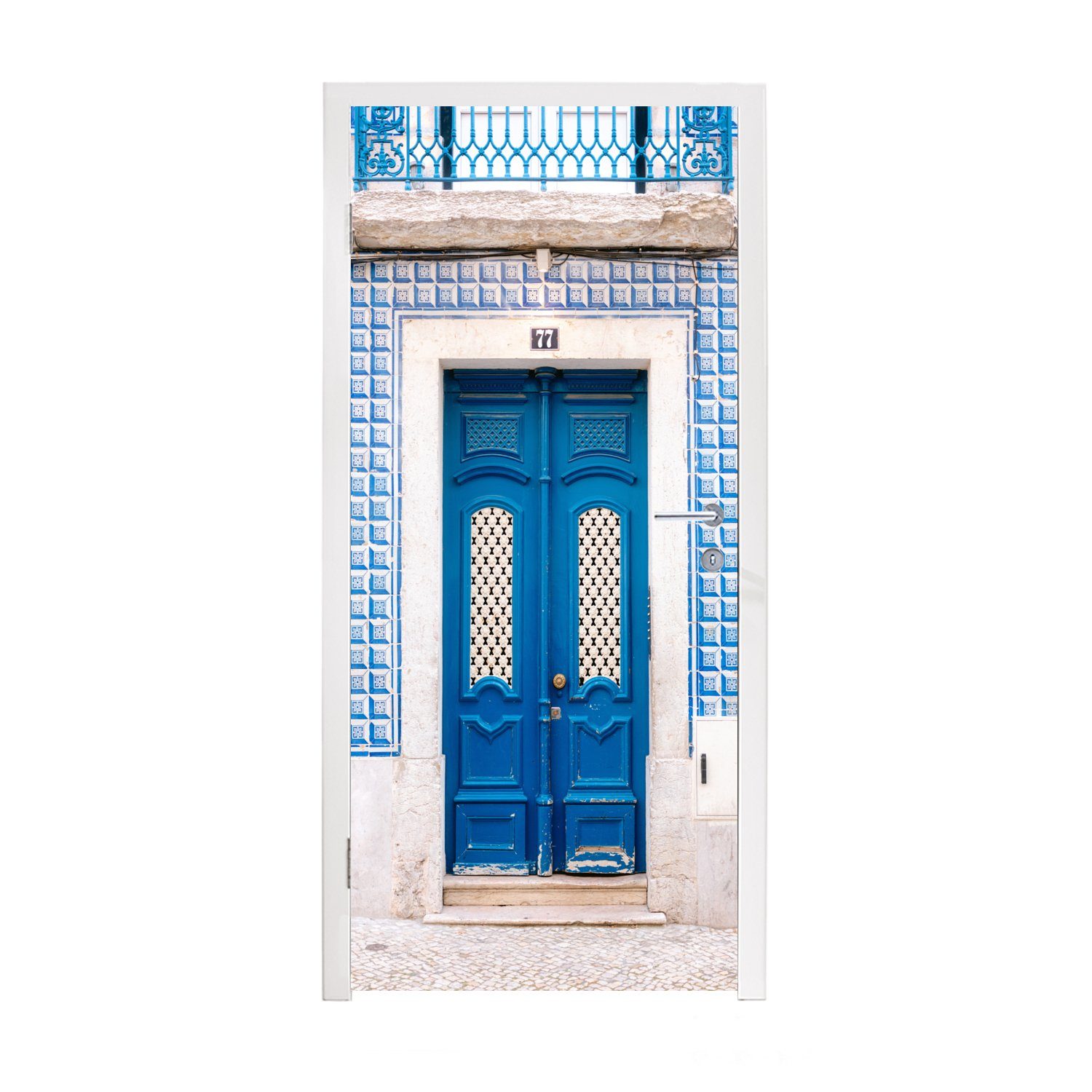 Fototapete bedruckt, - 75x205 Tür Tür, Architektur, für MuchoWow Blau Türtapete St), - Holz Matt, (1 cm Türaufkleber, -