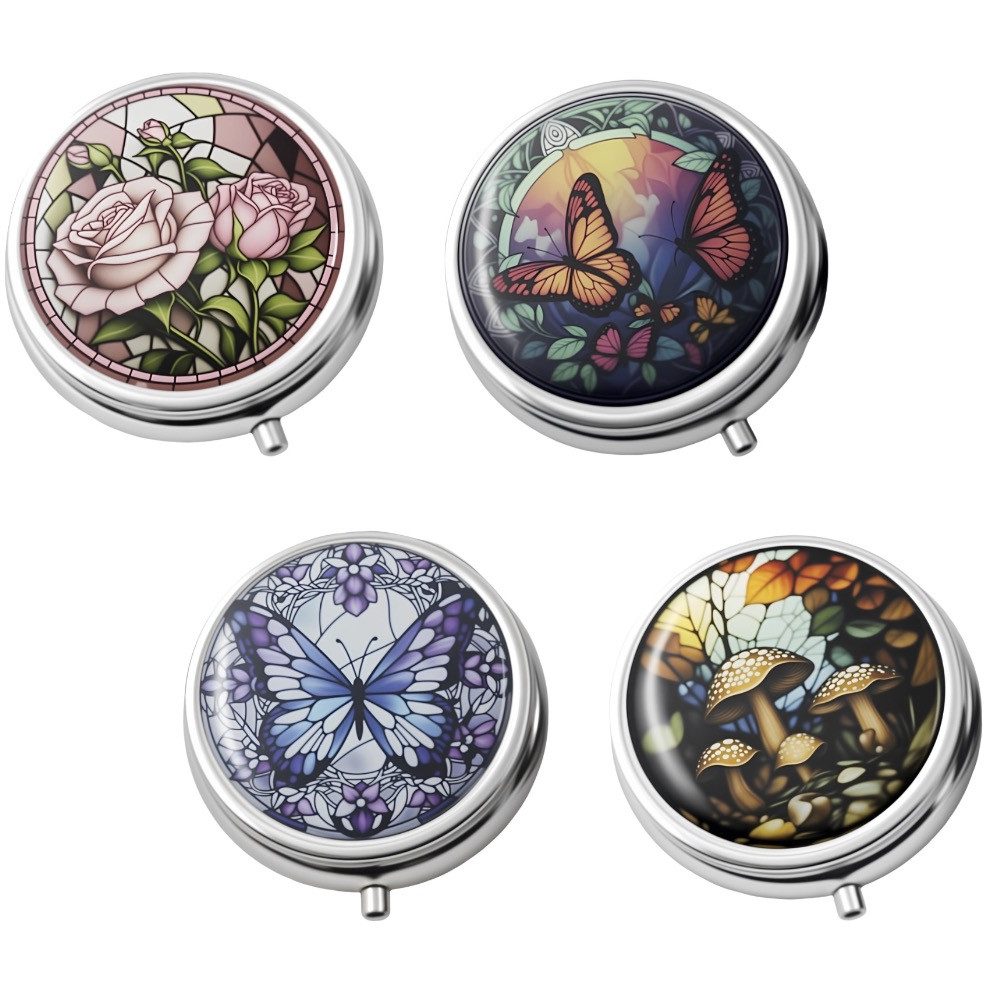 The Beauty House Pillendose Kompakte Pillendose im Glasfenster-Stil, mit Schmetterling, Rose, Pilzen & Naturmotiven