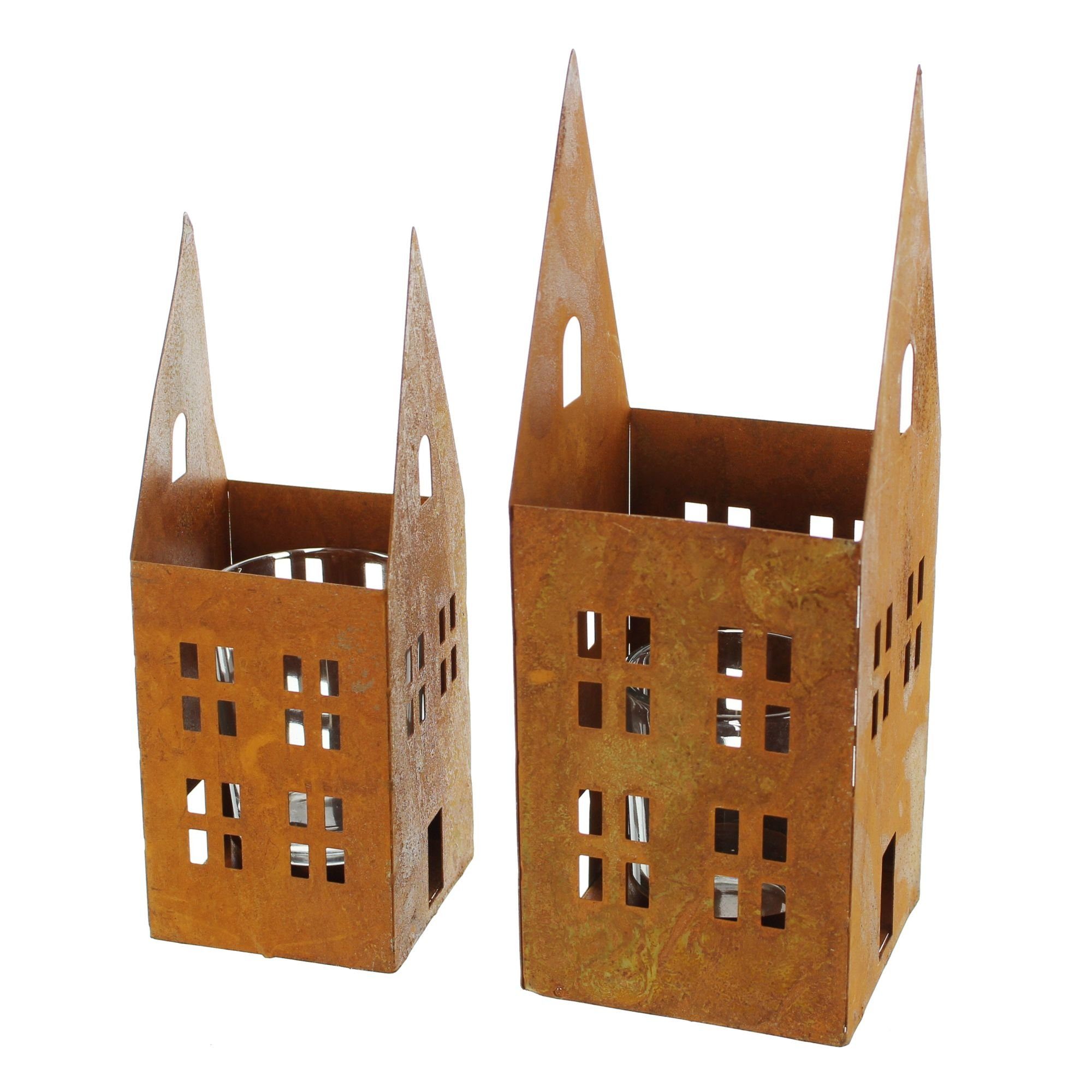 Dekoleidenschaft Teelichthalter "Haus" aus Metall in Rostoptik mit Windlichtglas, Kerzenhalter, (2 St., im Set), Windlicht, Tischdeko für Wohnzimmer, Balkon & Garten
