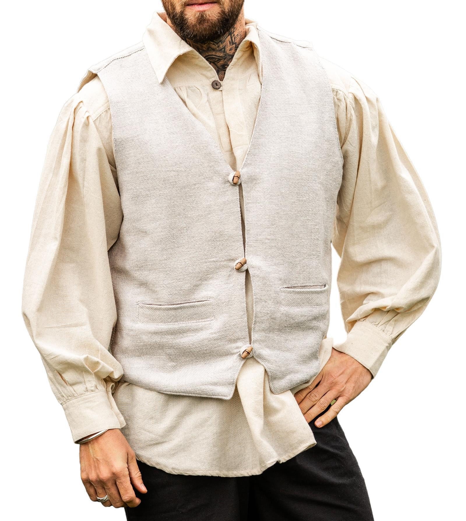 Leonardo Carbone Piraten-Kostüm Weste "Lutz" mit V-Ausschnitt und Holzknöpfen, handgewebt aus hochwertiger Baumwolle, Einschubtaschen vorne