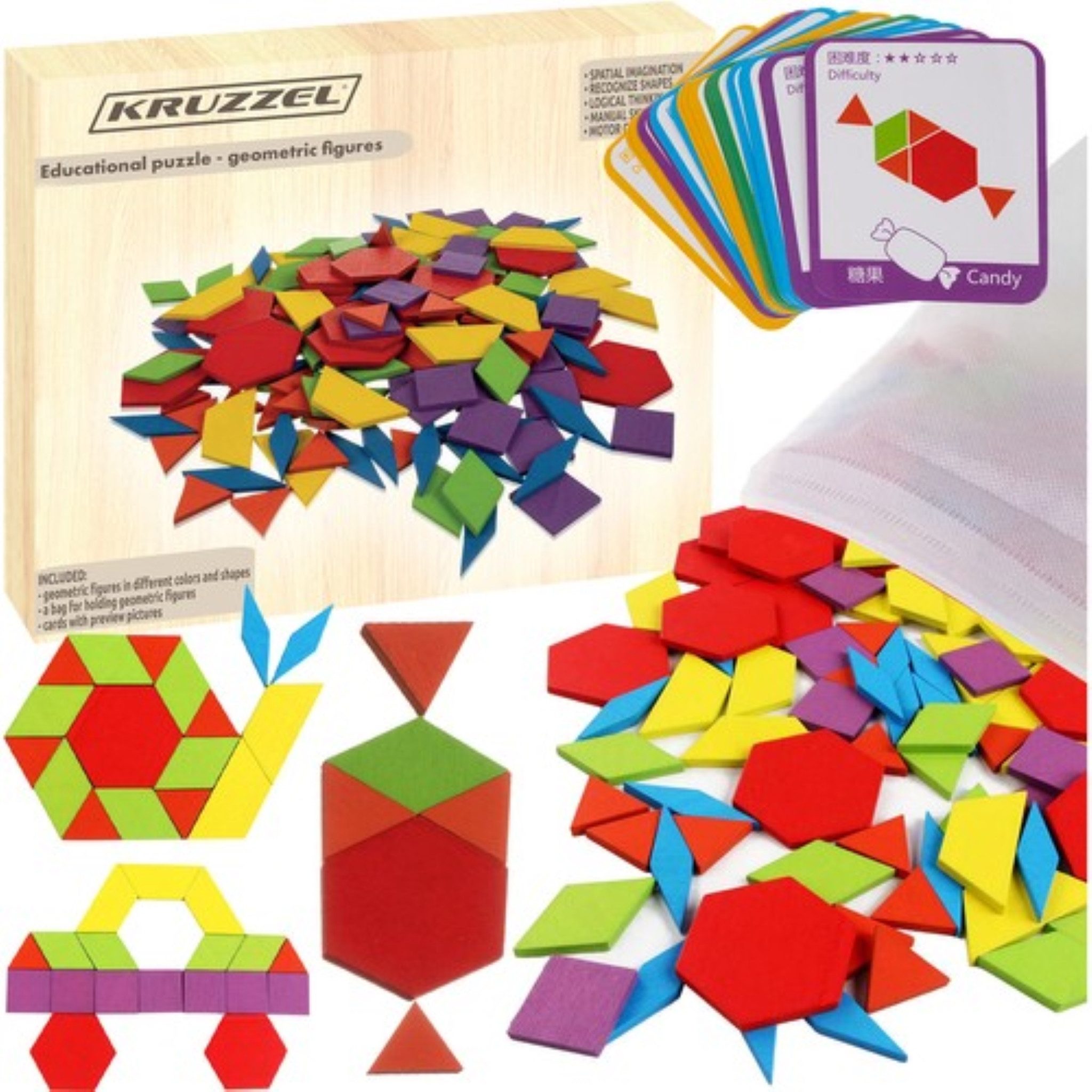 KRUZZEL Lernspielzeug Pädagogisches Holzpuzzle Tangram mit 155 Teilen und 24 Musterkarten (Geometrisches Lernpuzzle mit Holzblöcken und Aufbewahrungstüte, 179-St., Lernpuzzle Set mit 155 Holzblöcken und 24 Lernkarten), 155 Holzblöcke, Montessori Spielzeug