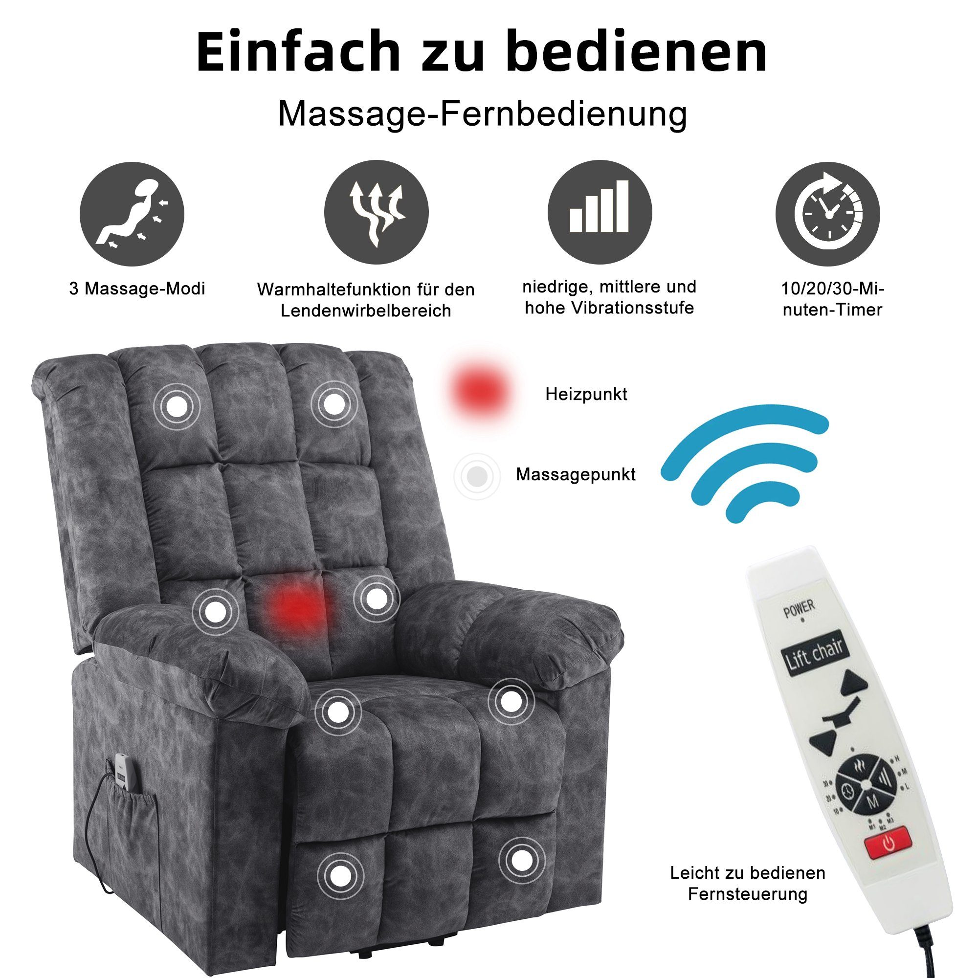 TV-Sessel (Fernsehsessel mit Aufstehhilfe, elektrisch Relaxsessel mit Fernbedienung, bis 130 kg belastbar), Massagesessel mit Liegefunktion, Wärmefunktion und Vibrationsmassage