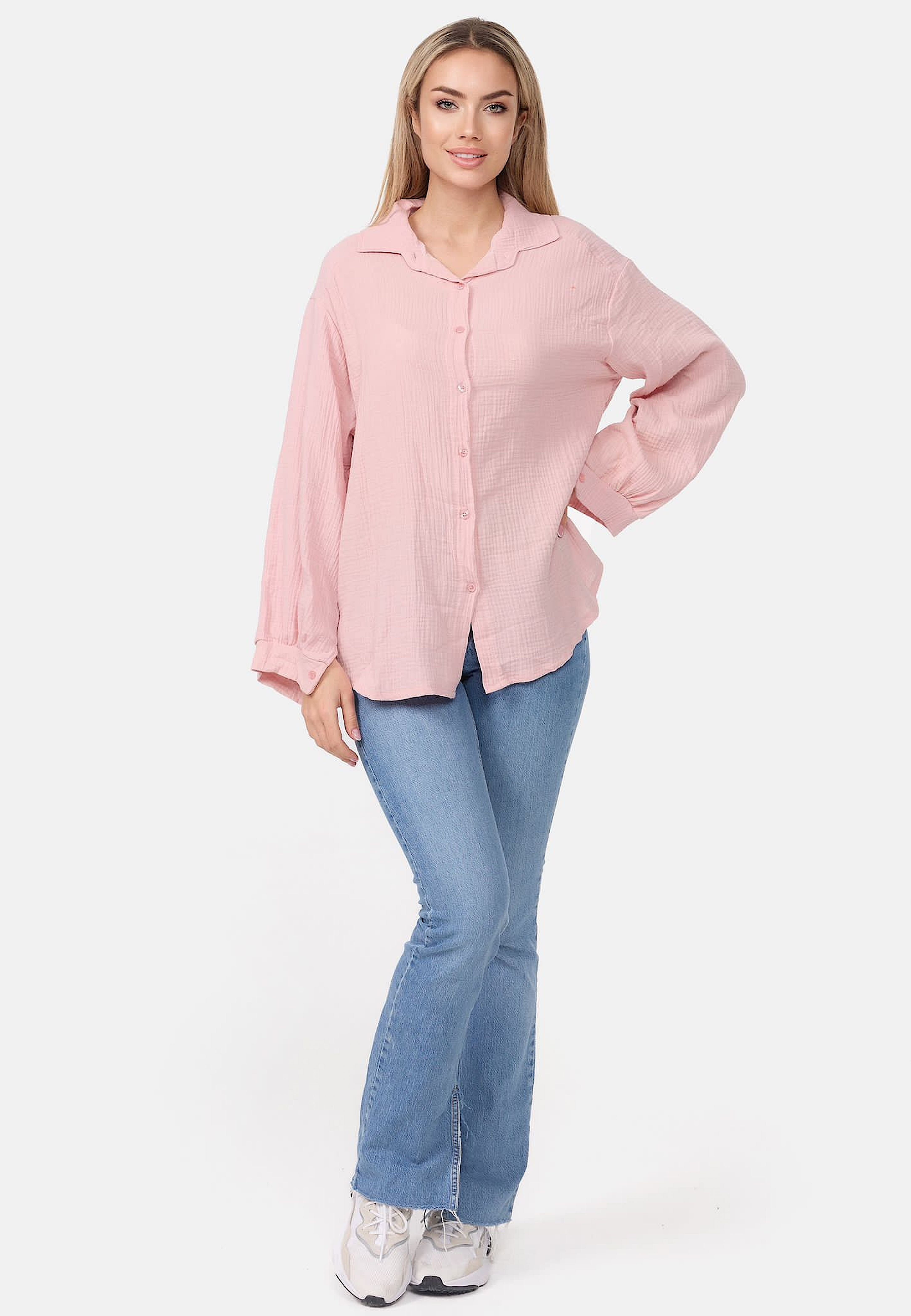 Worldclassca Hemdbluse Worldclassca Musselin Bluse Tunika Sommer Langarm Oberteil Einfarbig Neue Kollektion - Stilvolle und gemütliche Mode für Damen