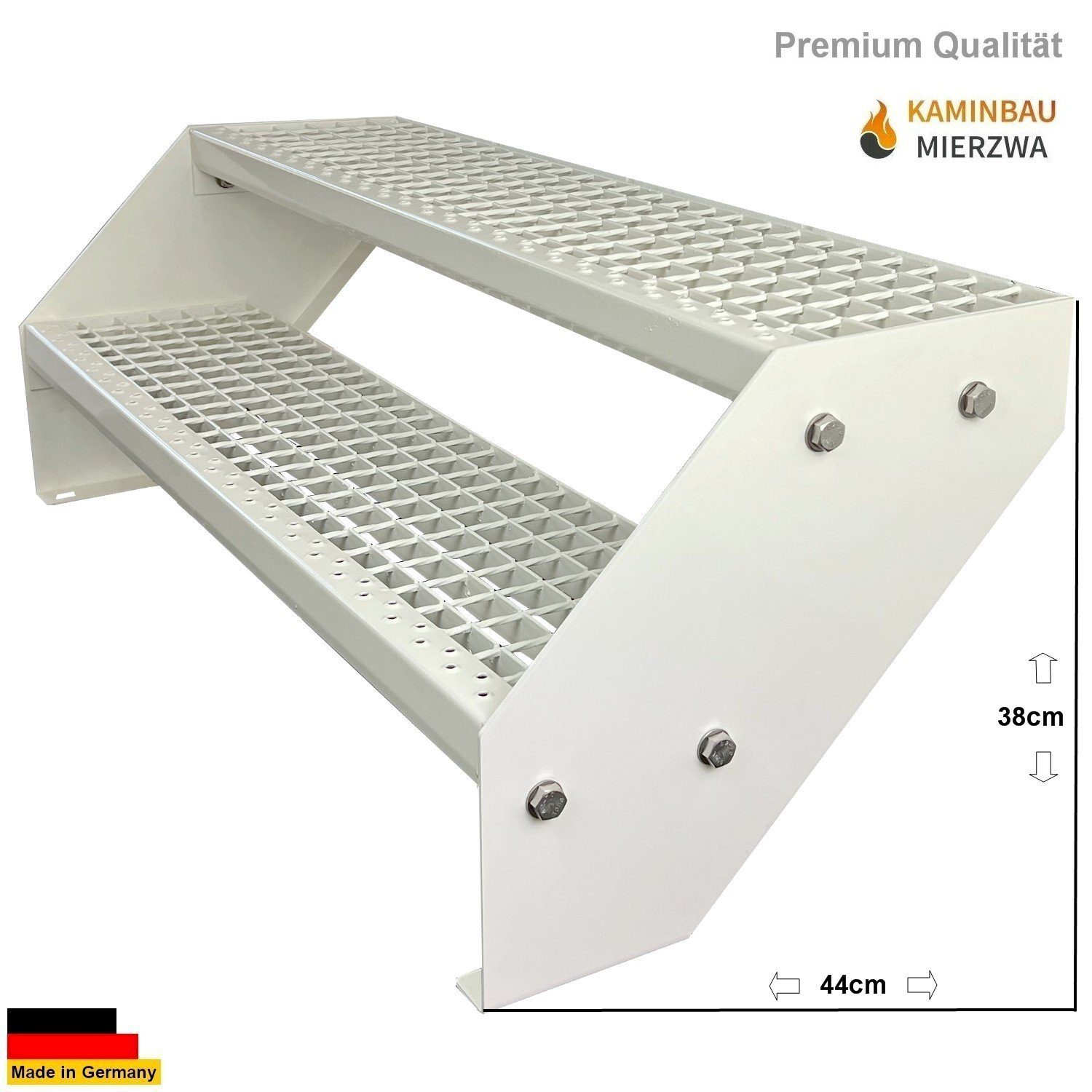 Kaminbau Mierzwa Außentreppe Premium Treppe Komplett Weiß Höhe Verstellbar, für Geschosshöhen bis 38 cm, Stufen Gitterroststufen nach DIN 24531, (Höhe 38 cm, Breite wählbar aus 60, 80, 100, 120, 140 cm), Gartentreppe Stahltreppe Wetterfest Rostfrei Feuer-Verzinkt Rutschfest