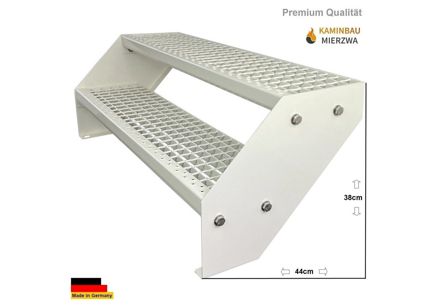 Thumbnail - Kaminbau Mierzwa Außentreppe Premium Treppe Komplett Weiß Höhe Verstellbar, für Geschosshöhen bis 38 cm, Stufen Gitterro...