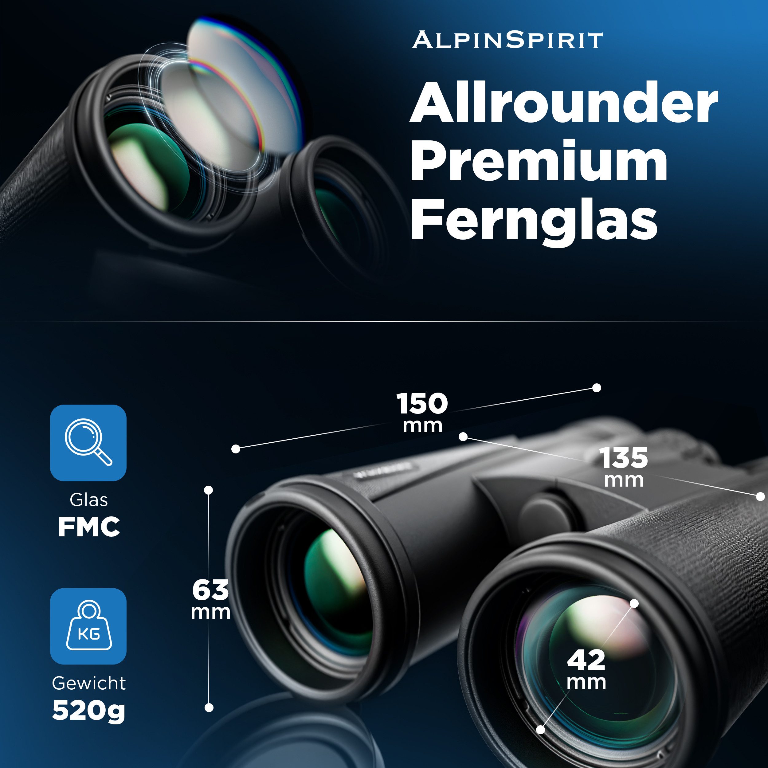 AlpinSpirit Fernglas 10x42 inkl. Tasche & Zubehör (Testsieger) – für Brillenträger Fernglas (10x42, Ideal für Sport, Reise, Freizeit - FMC & BAK4)