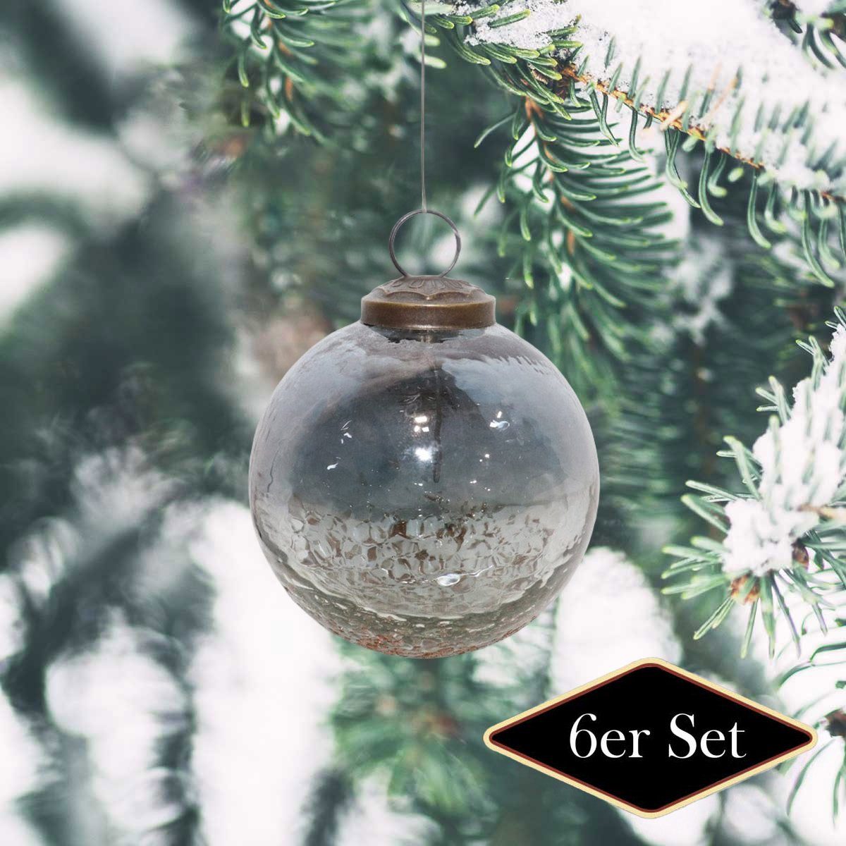 Antikas Weihnachtsfigur Weihnachtskugeln grau-silber, gehämmertes Glas