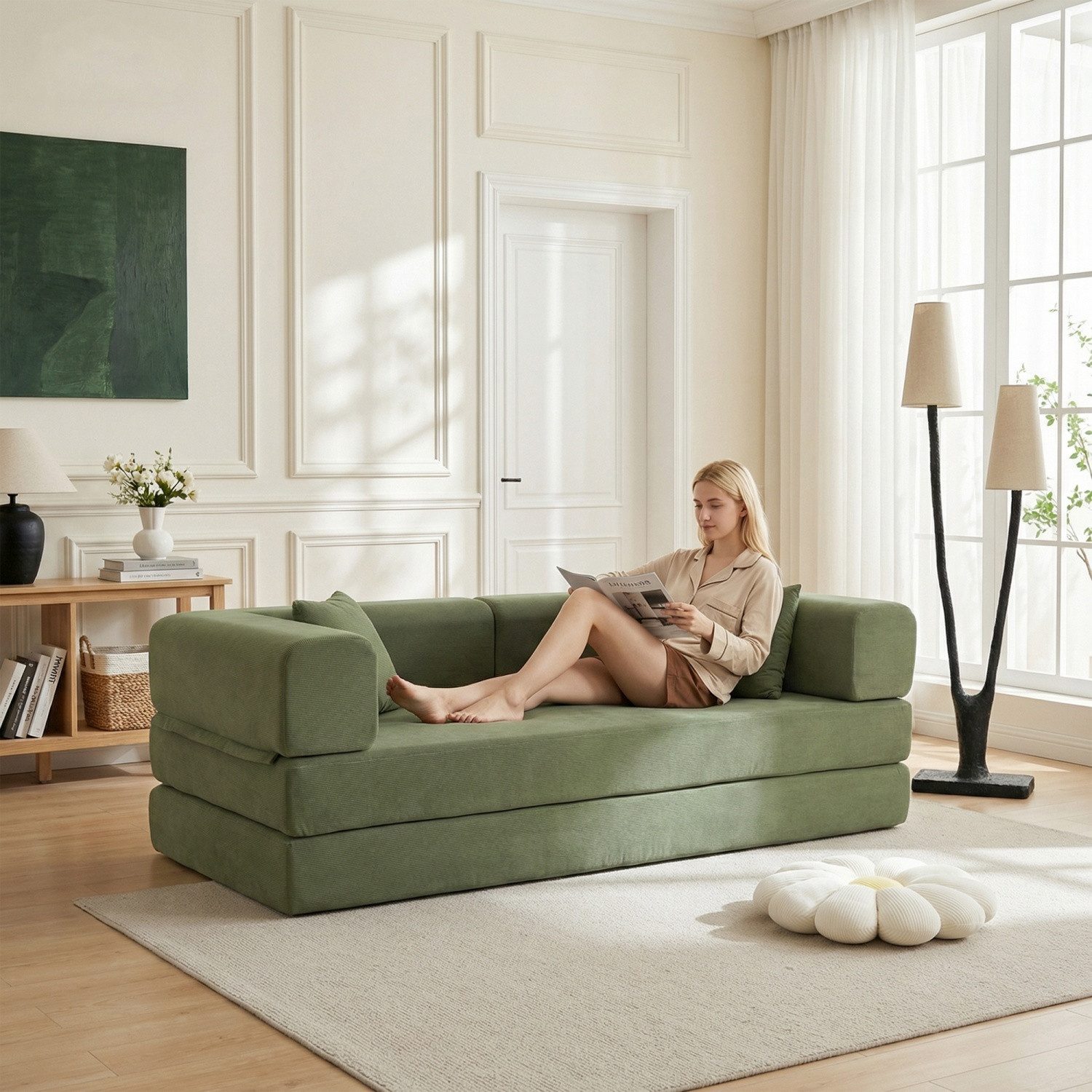 ANYSUN Schlafsofa 5-in-1 Schlafsofa Cord,klappbare Sofa, mit zylindrischem Kissen, klappbare Cordmatratze, festes Gestell, Boden Schlafsofa Convertible Futon, Sofas wohnzimmer Loungesofa Schlafcouch Tagesbett mit Schlaffunktion