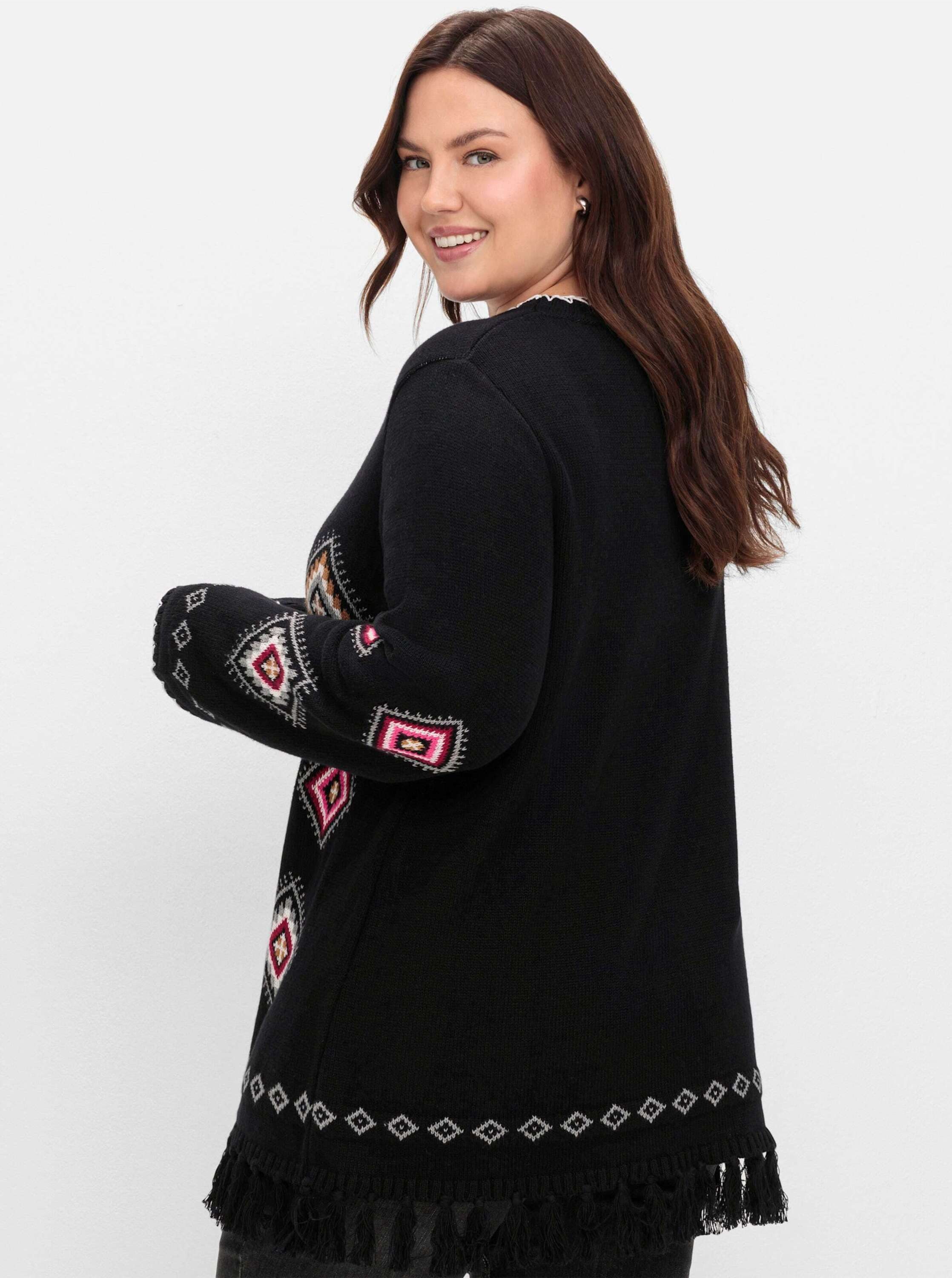 Sheego Strickpullover Strickpullover Langarm mit Ethnomuster und Fransen günstig online kaufen