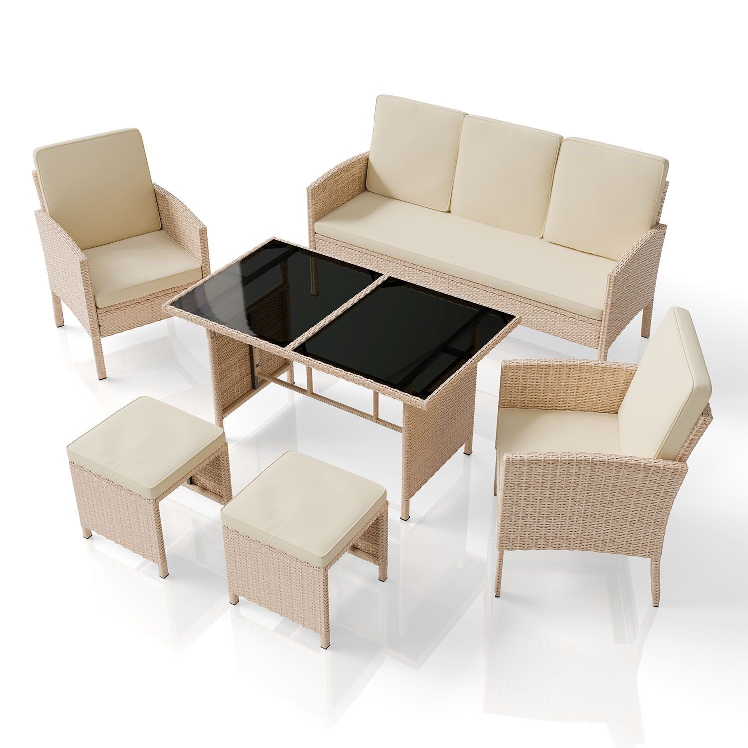 Juskys Gartenlounge-Set Turin, (6-tlg), Polyrattan Sitzgruppe für 7 Personen, Gartenmöbel Set 6-teilig