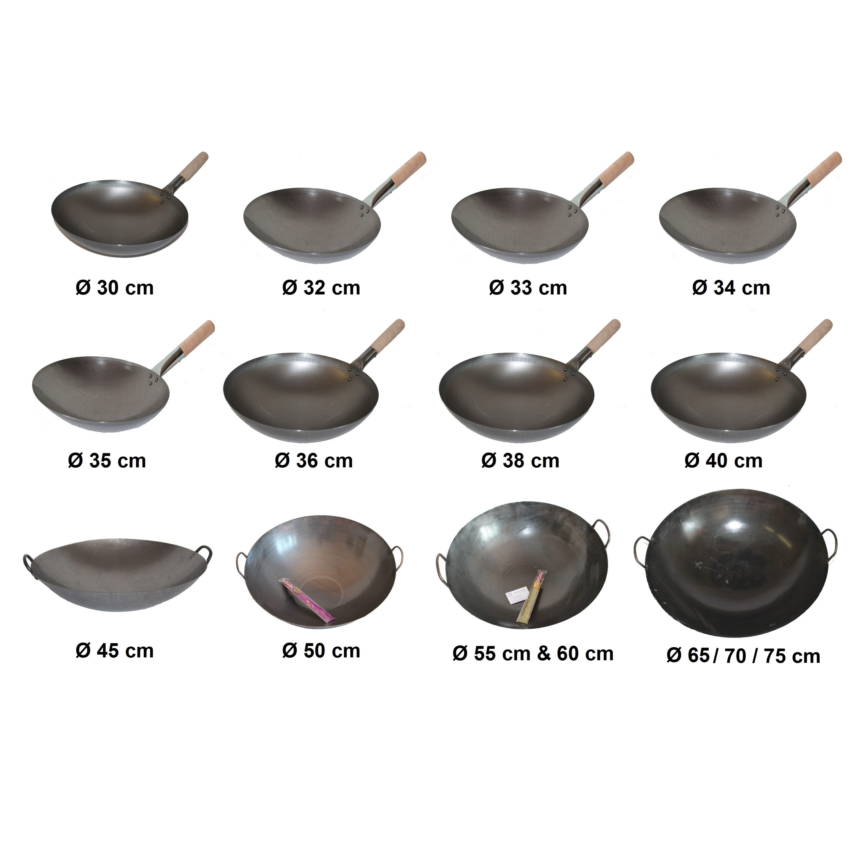 AAF Nommel Wok 30 bis 40 cm Ø China Gastronomie runder Boden Gasherd Carbon Stahl, Karbon-Stahl, Natürliche Antihaftbeschicchtung nach dem Einbrennen, Patina