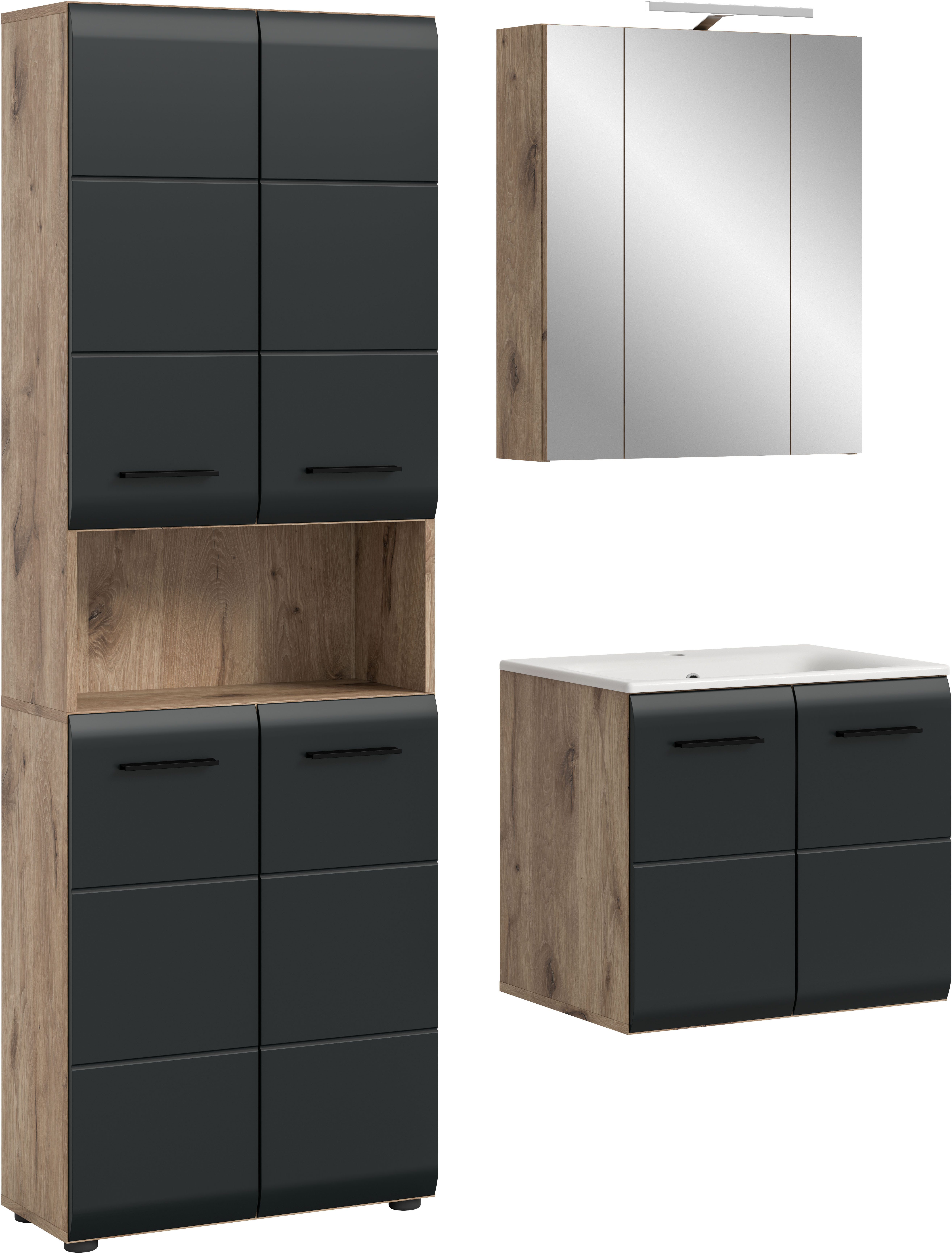 welltime Badezimmer-Set, (Set, 5-St., Hochschrank, Spiegelschr. inkl. Bel., Waschtisch inkl. Waschbecken), Bad-Kombination, Bad-Möbel, Badezimmer, Kombination, Kombi