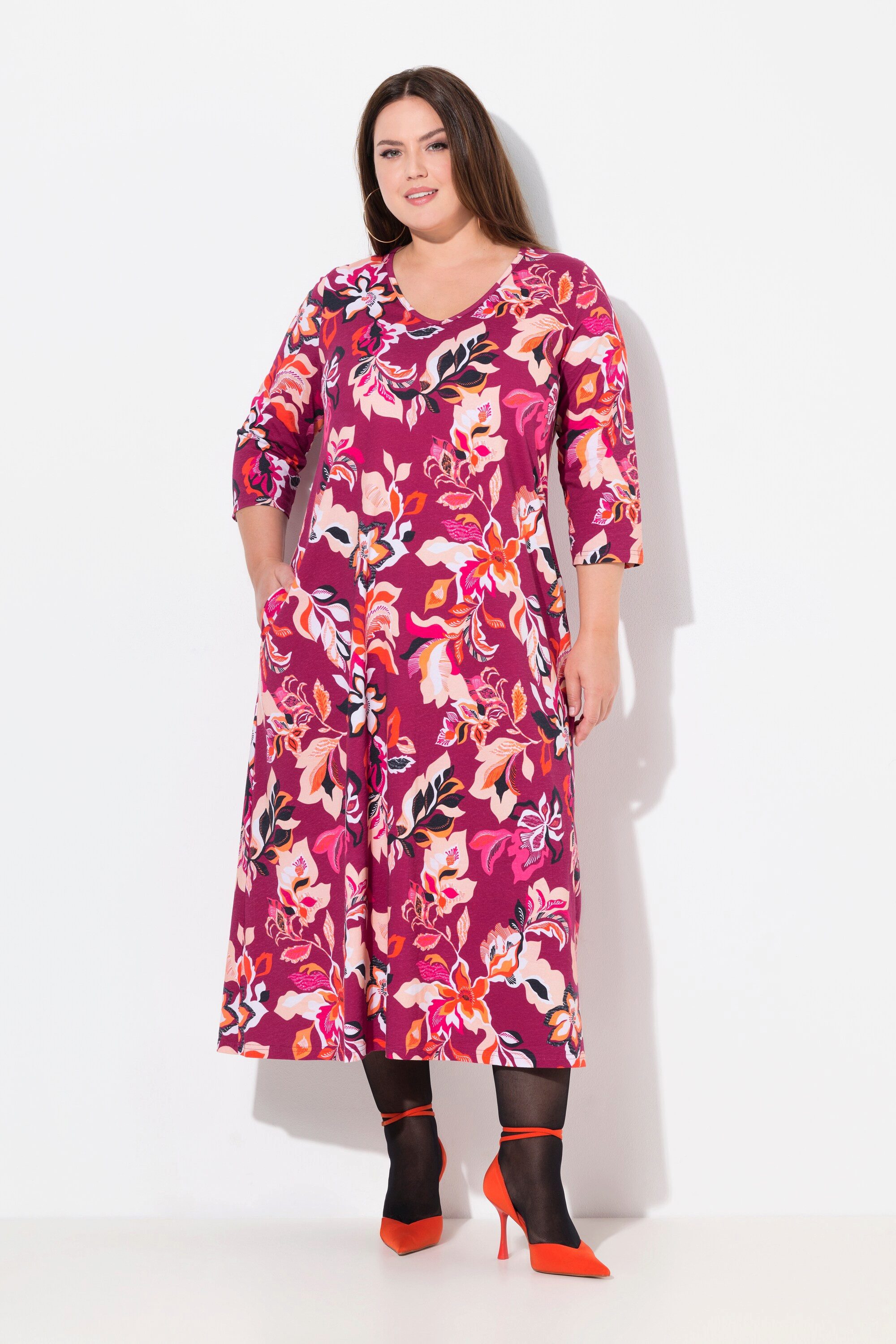 Maxikleid Jerseykleid Blüten A-Linie V-Ausschnitt 3/4-Arm