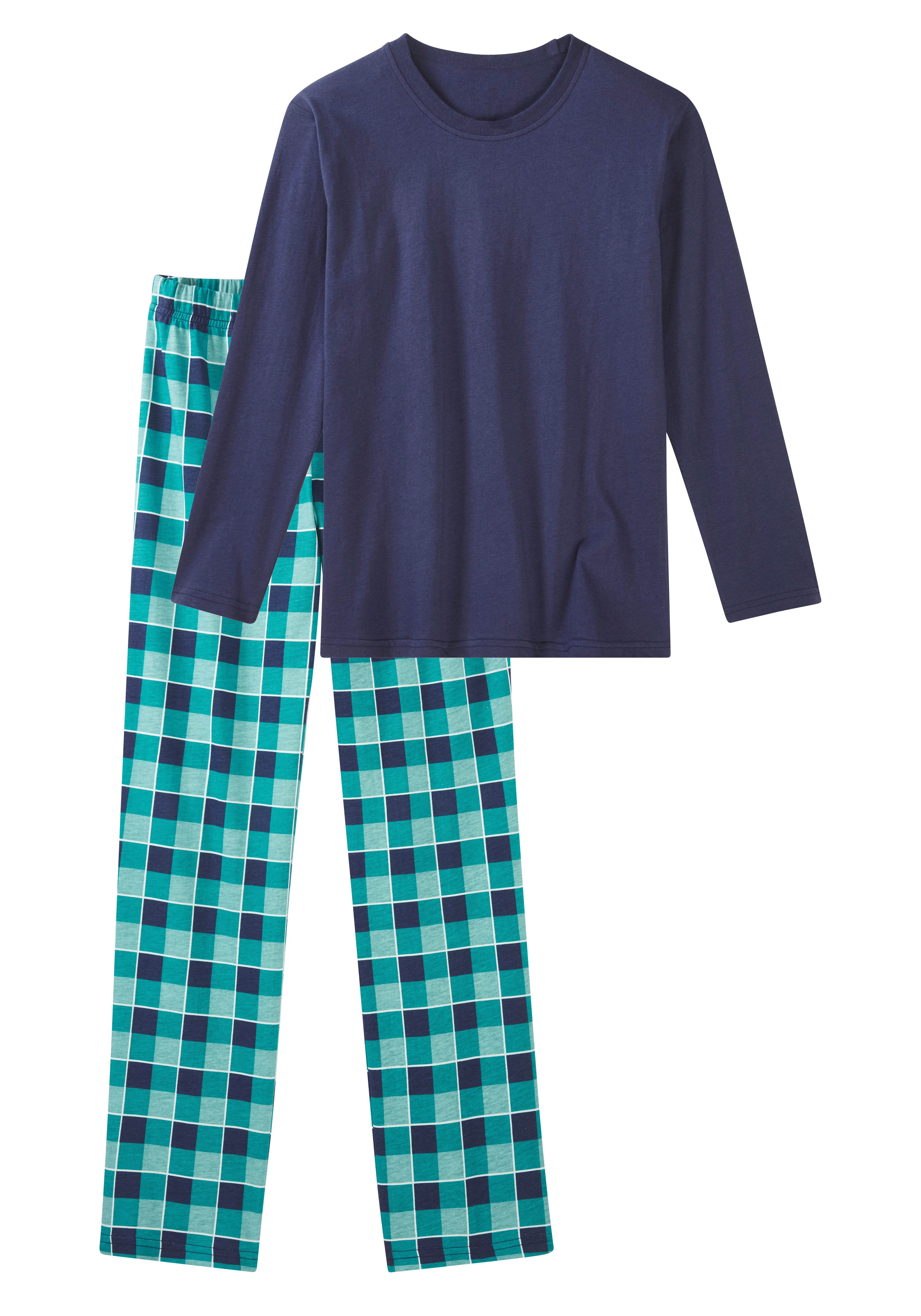 AUTHENTIC LE JOGGER Pyjama Schlafanzug (2 tlg., 1 Stück) aus Baumwolle, kariertes Design, mit Rundhalsausschnitt