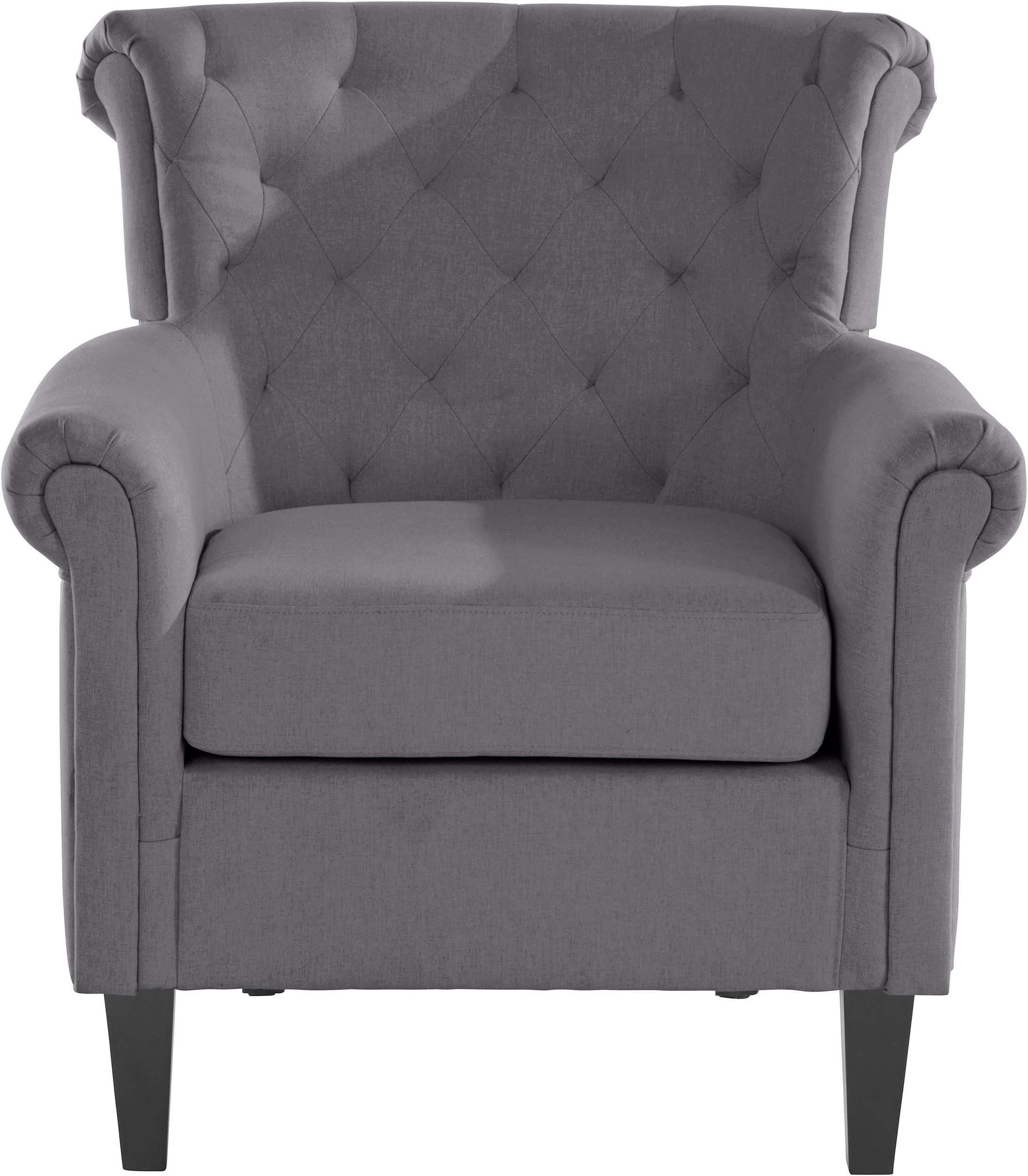 Sitzhöhe aus 50 Sessel loft24 Coryn, Diamantensteppung, Stoffbezug Pappelholz grau Füße mit cm,