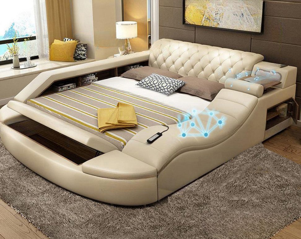 JVmoebel Multimediabett Lederbett Beige mit Massagefunktion Sofort (1-tlg), Made in Europa