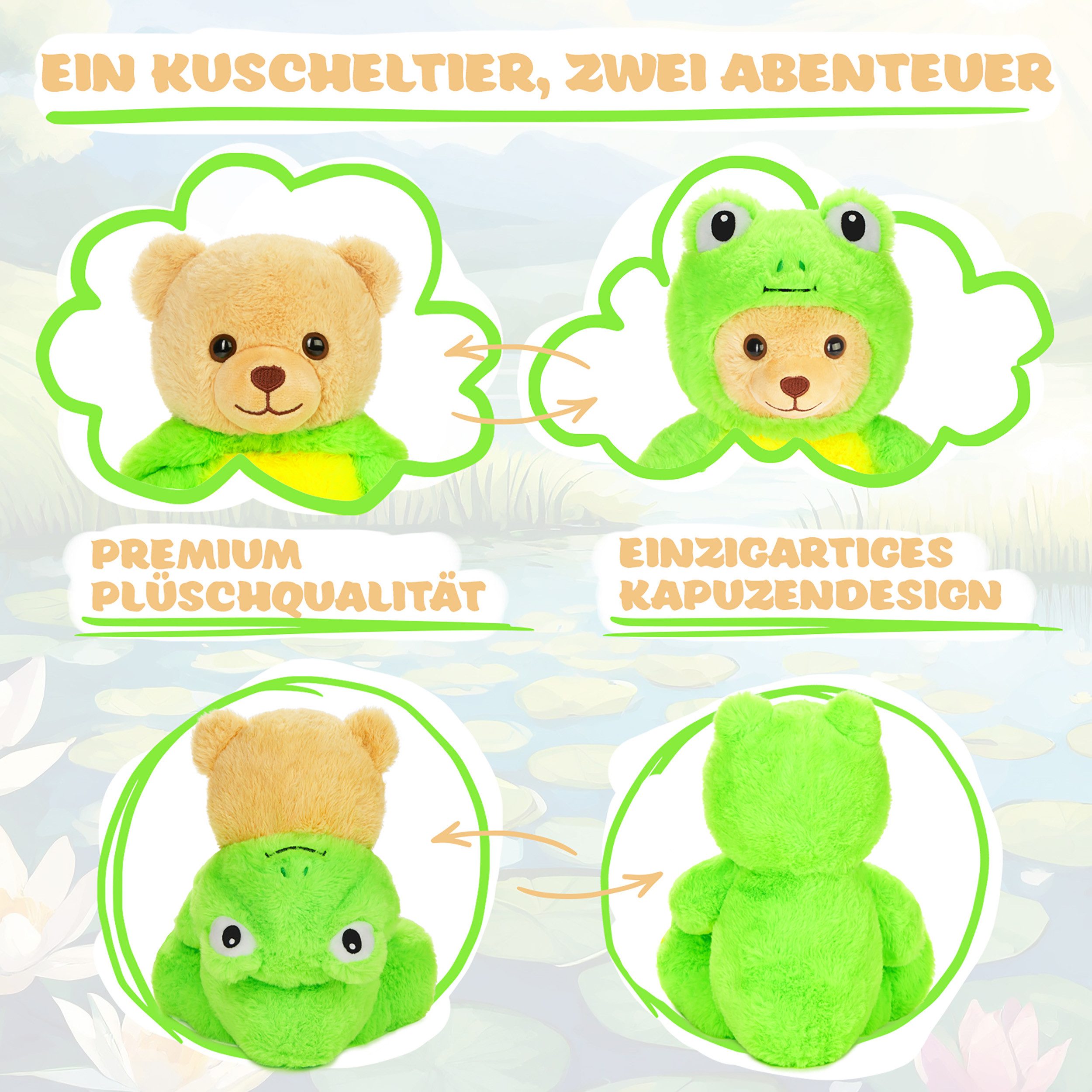 BRUBIES Kuscheltier Teddy Frosch - 25 cm Teddybär im Froschkostüm mit Kapuze (Plüschtier für kuschelige Abenteuer, 1-St), Kuscheltier Geschenk für Kinder