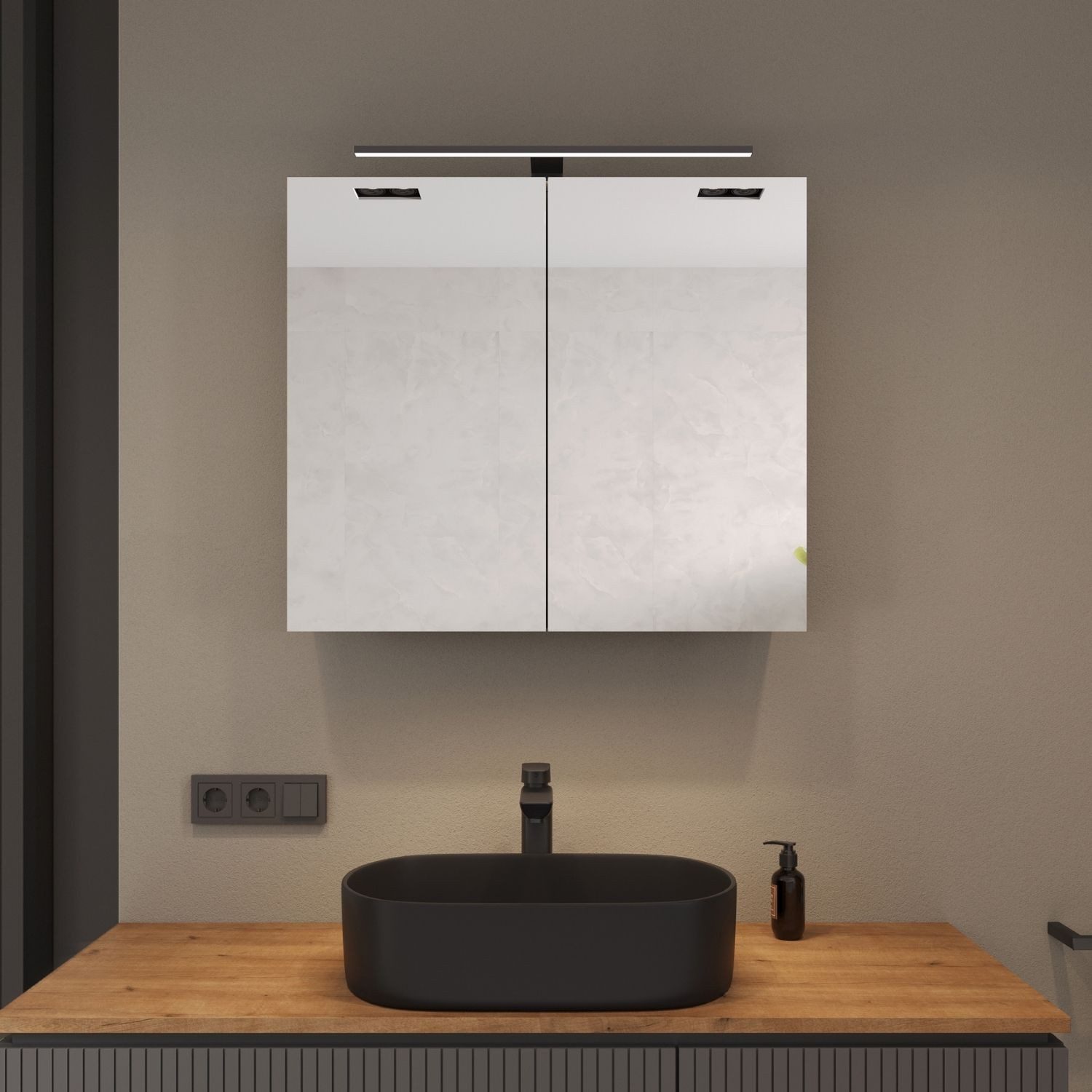Planetmöbel Spiegelschrank Spiegelschrank ARIA (Spiegelschrank Bad 80 cm mit Beleuchtung und Steckdose, Badspiegelschrank 2-türig) Steckdose für Elektrogeräte