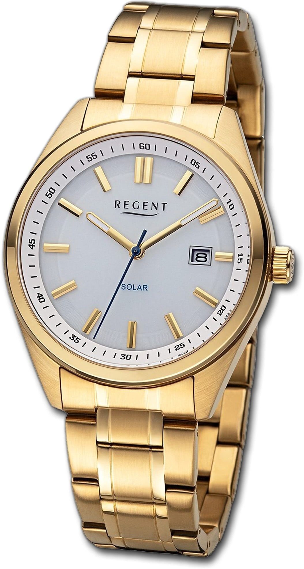 Regent Solaruhr Regent Herren Solaruhr Analog, Herrenuhr Metallarmband gold, rundes Gehäuse, extra groß (ca. 40mm)