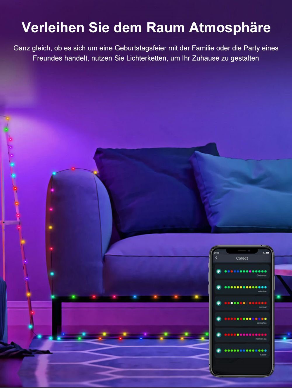 JOYOLEDER Lichterkette LED-Lichterkette 5M-20M,Smart APP Weihnachten Außen Beleuchtung Lichterschlauch, Innen