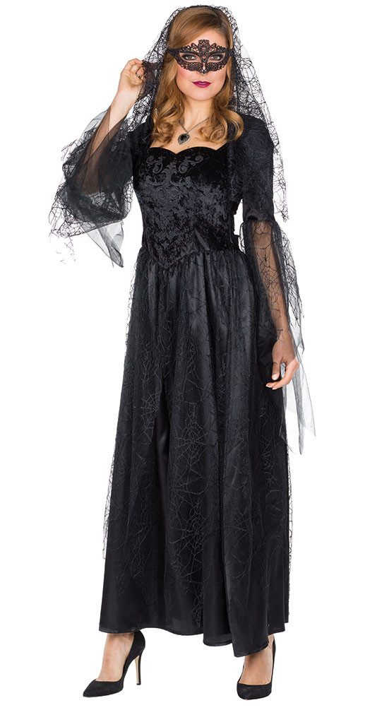 Karneval-Klamotten Hexen-Kostüm Damen mit Überrock Spinnenwebenmuster Halloween, Halloweenkostüm Frauenkostüm schwarze Hexe langes Hexenkleid