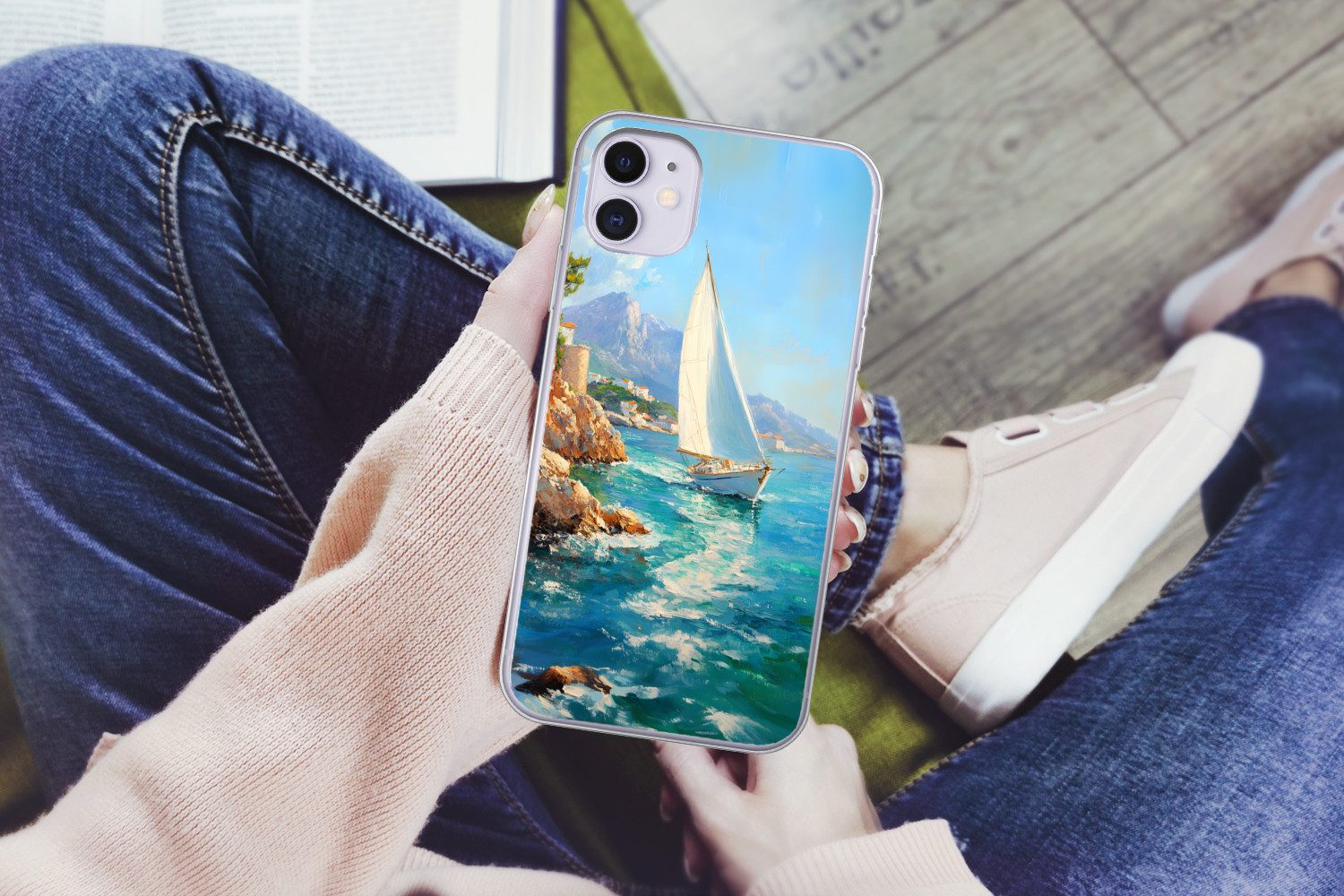 MuchoWow Handyhülle für Apple iPhone 11 Segelboot - Felsen - Küste - Häuser, Smartphone-Bumper, Print, Handy Schutzhülle Dünn