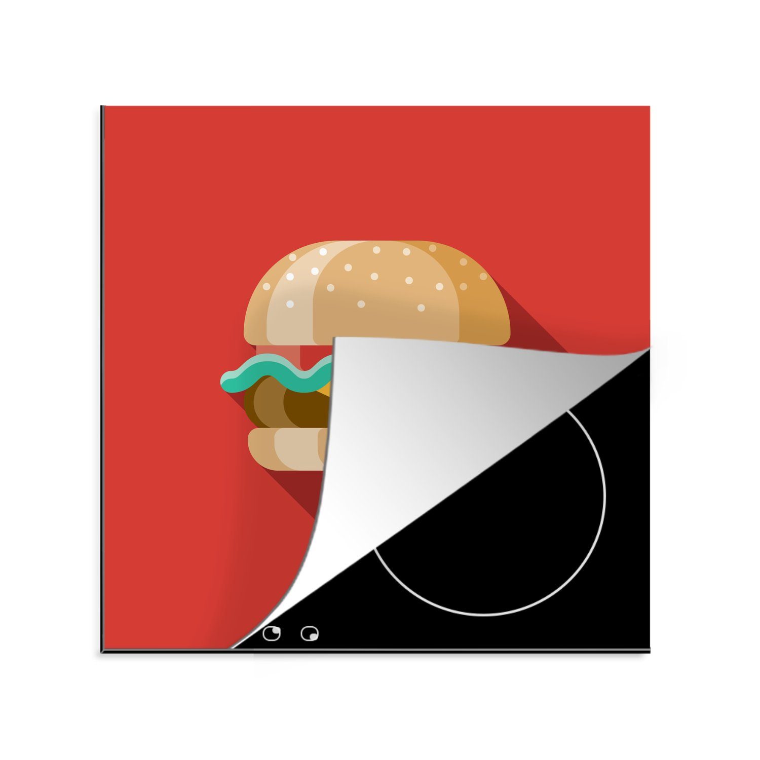 eines (1 Hamburgers vor MuchoWow Vinyl, Ceranfeldabdeckung, Piktogramm tlg), küche Arbeitsplatte Herdblende-/Abdeckplatte einem Hintergrund, 78x78 roten für cm,