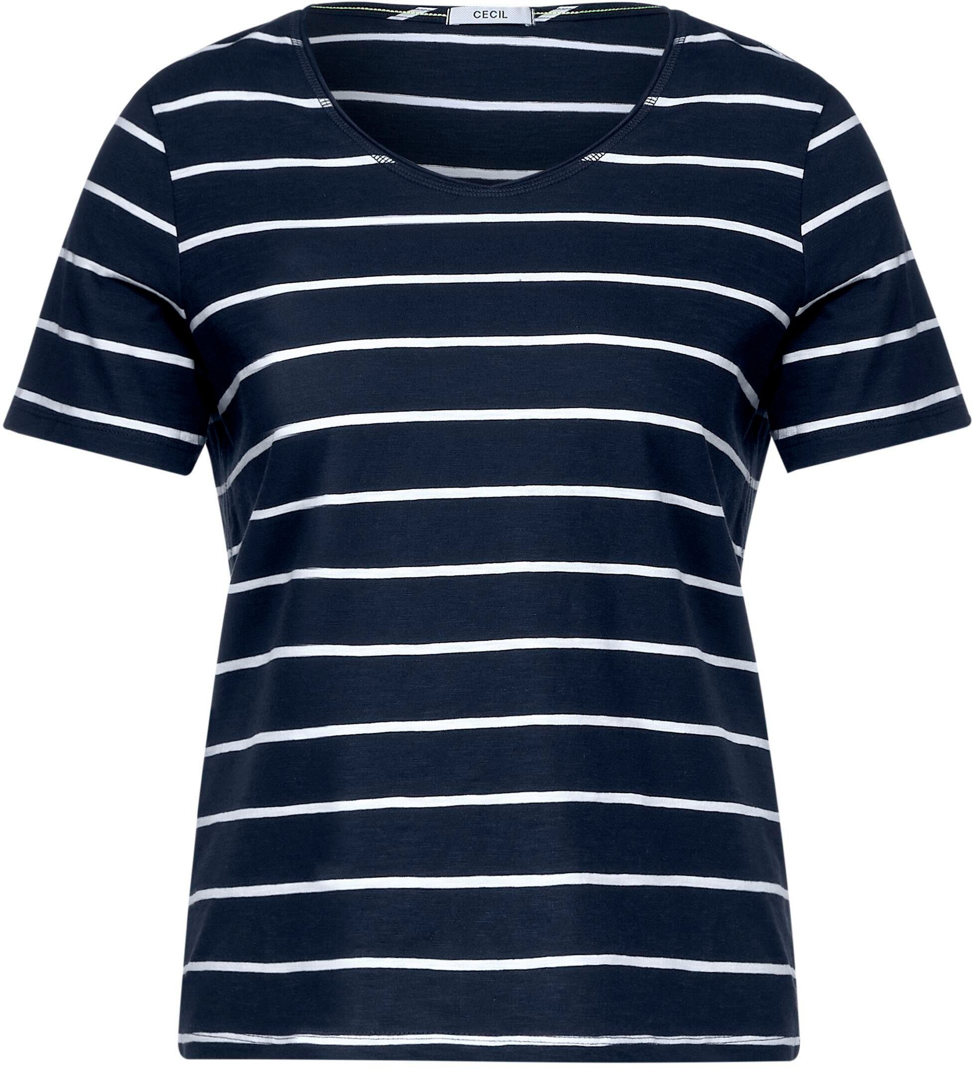 Cecil T-Shirt am Ausschnitt marine Rollkante mit