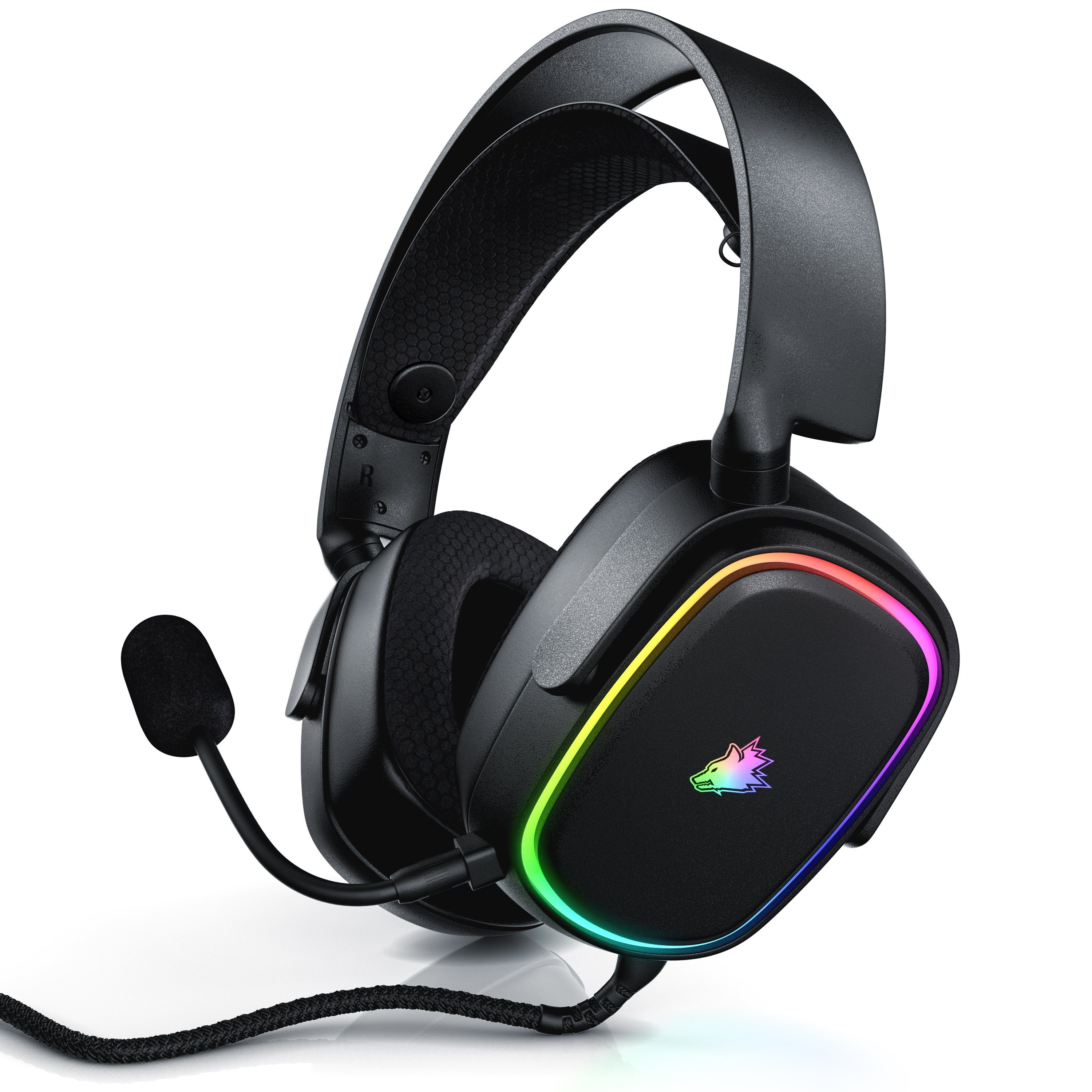 Titanwolf Gaming-Headset (Kabel mit Stoffummantelung; Mikrofon entnehmbar; Kabelfernbedienung mit Lautstärke; RGB Beleuchtung, 7.1 Virtuell Surround Kopfhörer, 1,95 cm Kabel, für PC, PS4 & PS5)