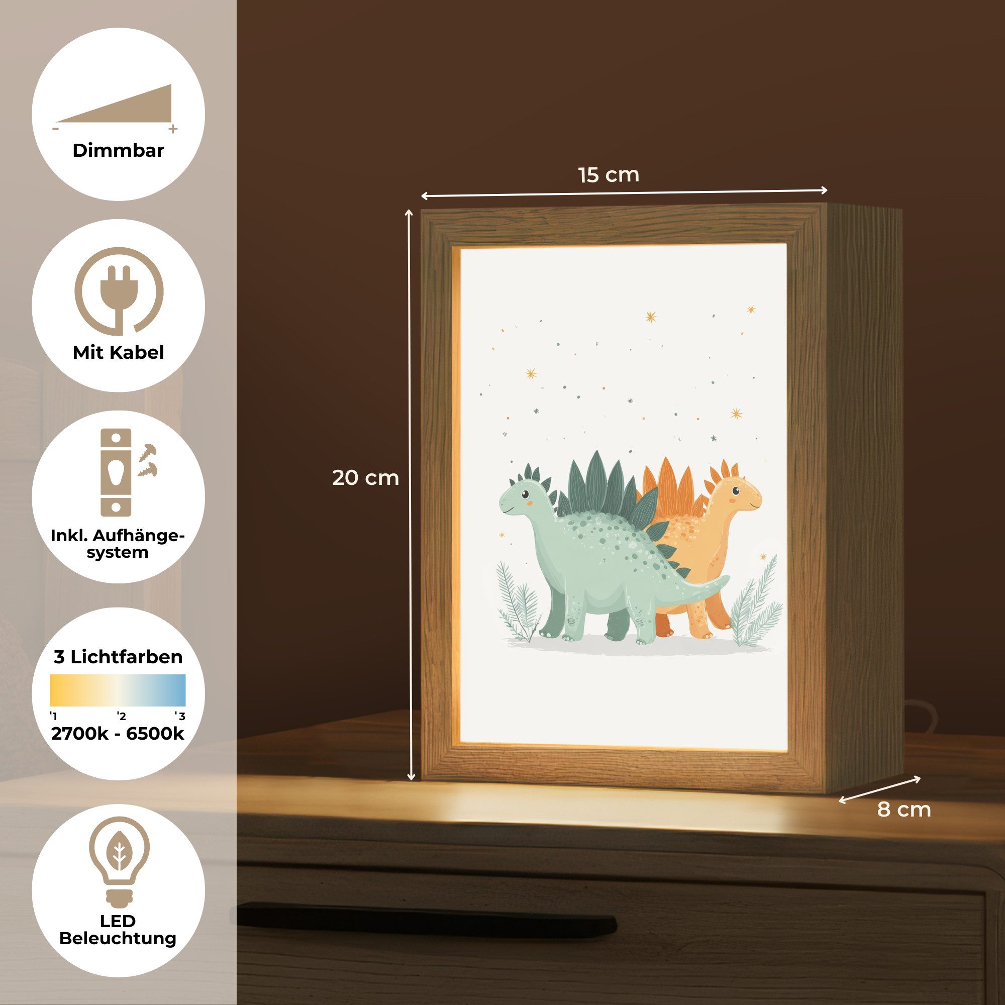 OnlyWow Nachttischlampe Lightbox Pflanzen - Sterne - Dinosaurier - Orange - Jungen, Dimmbar, Farbwechsel, LED, Warmweiß, Kaltweiß, Neutralweiß Einstellbar, Kinderzimmer, Babyzimmer, Dimmbar, mit Kabel, Nachtlampe, LED