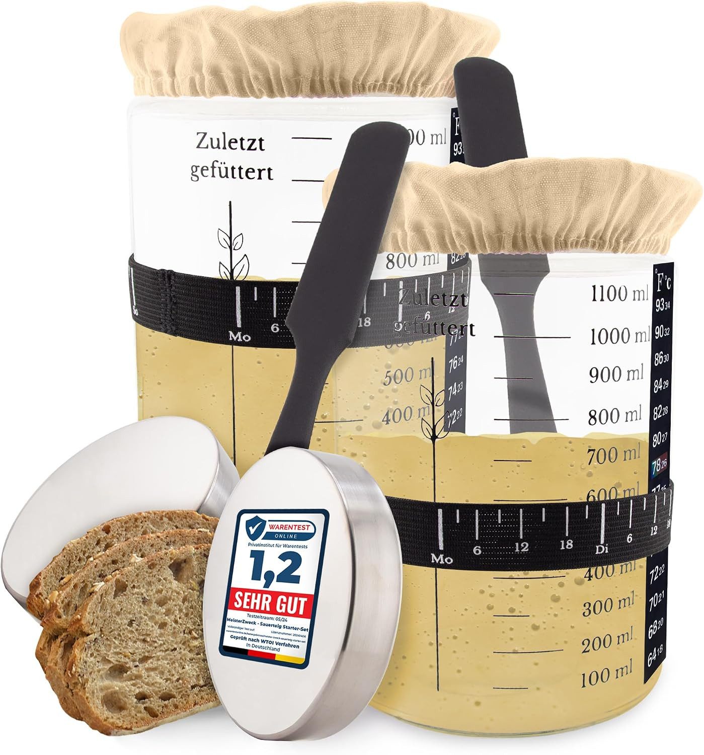 MEISTERZWECK4U Fermentationsglas Sauerteig Starter Set zum Brot backen - 1100ml Gärglas mit Thermometer, (7-teiliges Sauerteig Set für Fermentation und Brotbacken, 2-tlg)