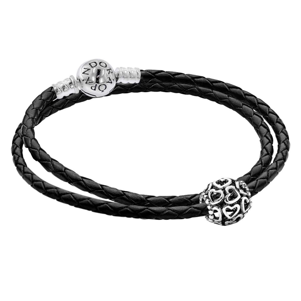 Pandora Silberarmband 51521, für Damen Leder Starterset mit Charm Offene Herzen