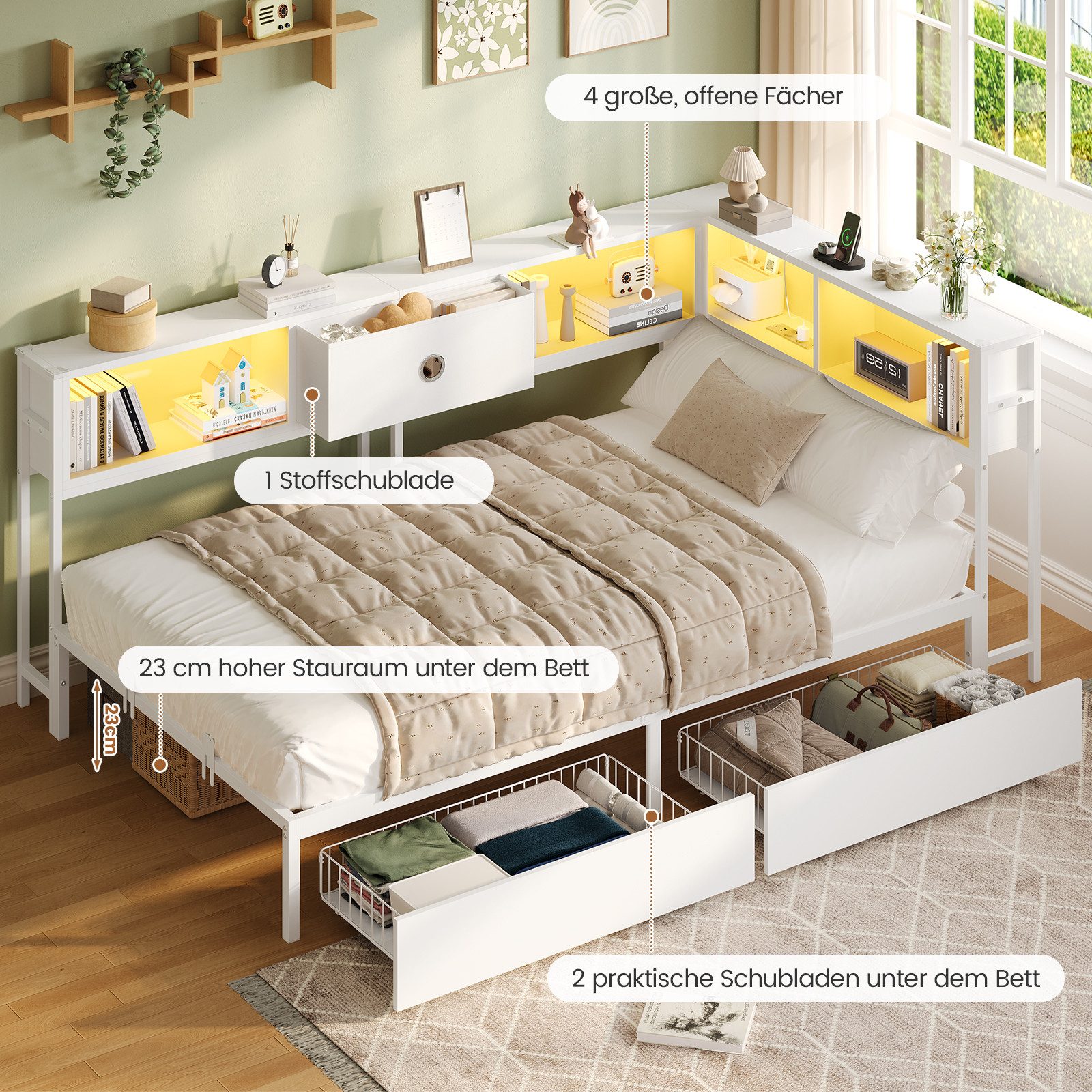 MSMASK Daybett L-Form Schlafsofa mit LED-Beleuchtung und Steckdose, Kinderbett (1 tlg), Jugendbett mit Metallrost, 90x190cm, Weiß – Bild 3 von 5