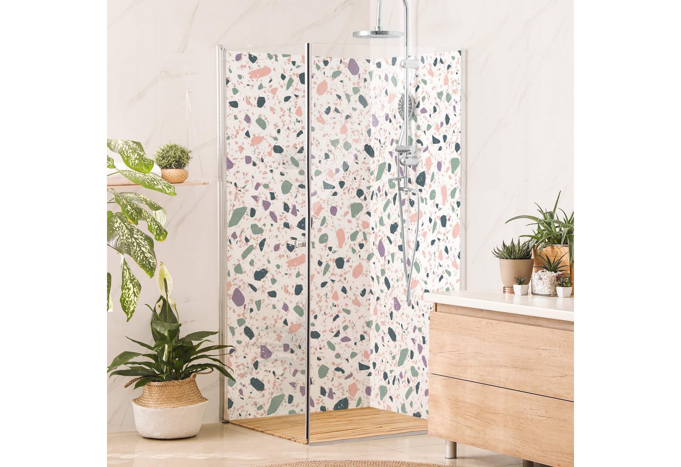Thumbnail - Bilderdepot24 Badrückwand Terrazzo türkis Duschrückwand ohne Bohren Dusche Muster, (Hartfolie matt » Selbstklebend SMART...