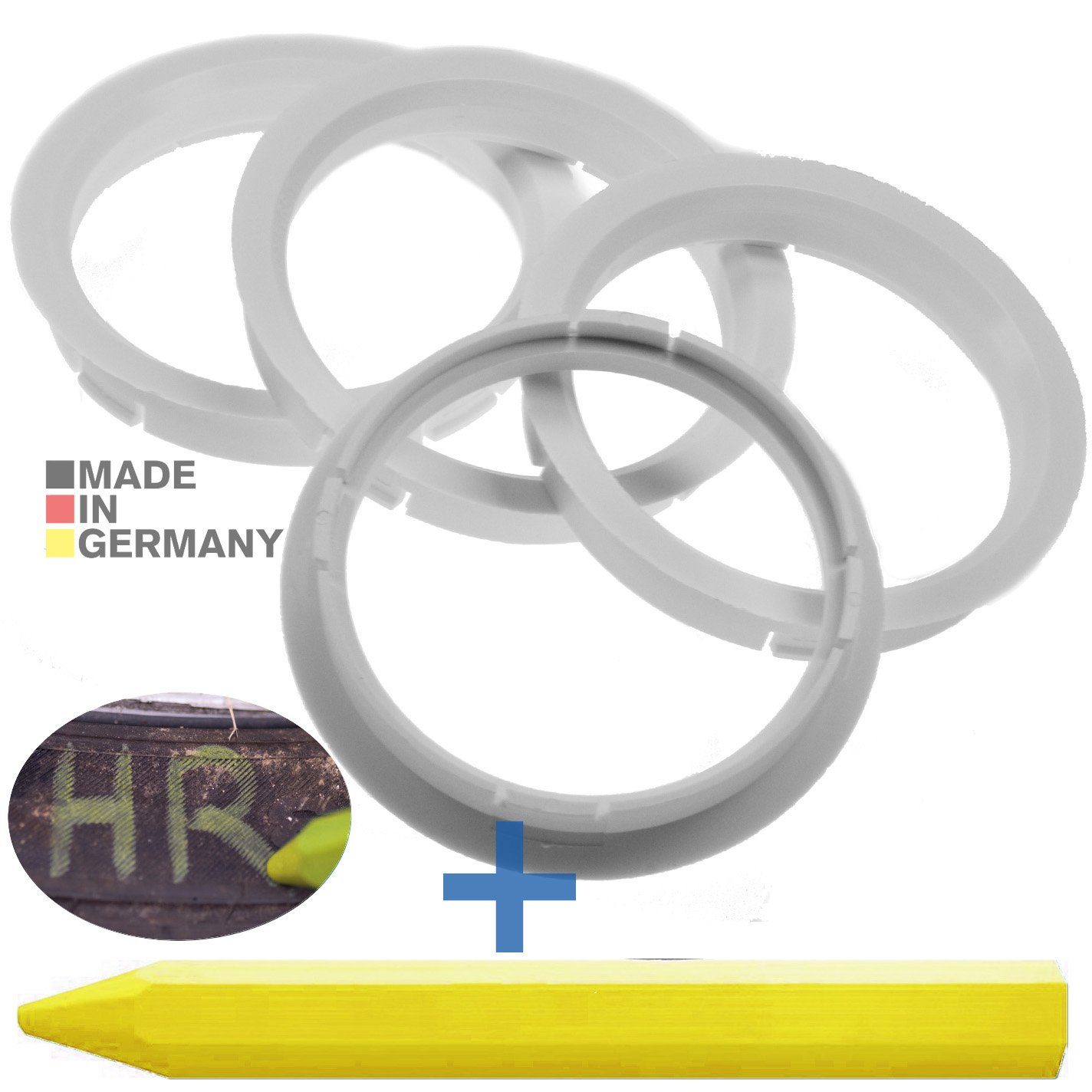 RKC Reifenstift 4X Zentrierringe Weiß Felgen Ringe + 1x Reifen Kreide Fett Stift, Maße: 72,5 x 65,1 mm