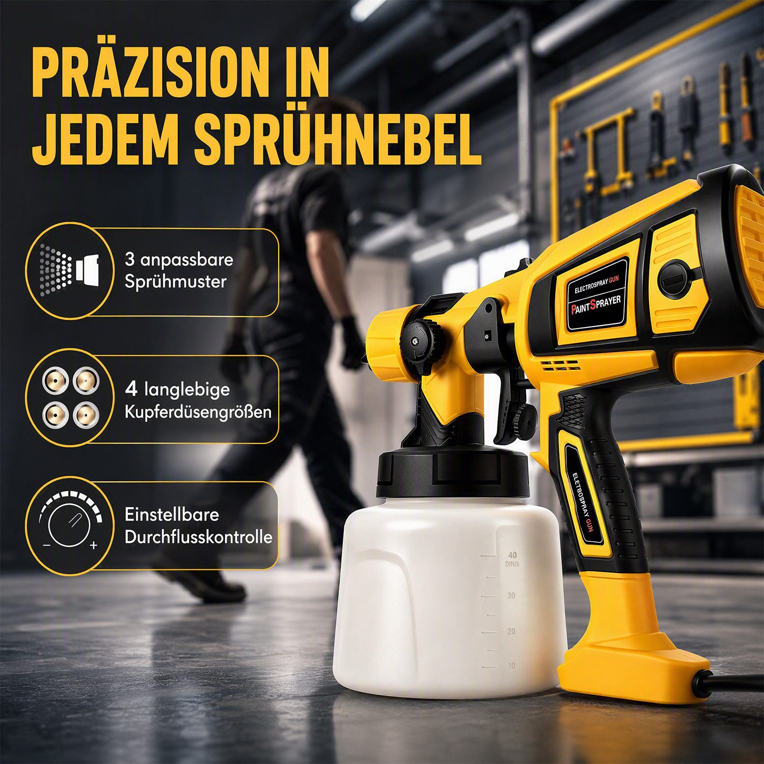 AKKEE Farbsprühpistole Elektrisches Farbsprühsystem, 1400ml 850W Elektro Lackierpistole, 4 Kupferdüse und 3 Muster,für den Innen- und Außenbereich – Bild 2 von 5