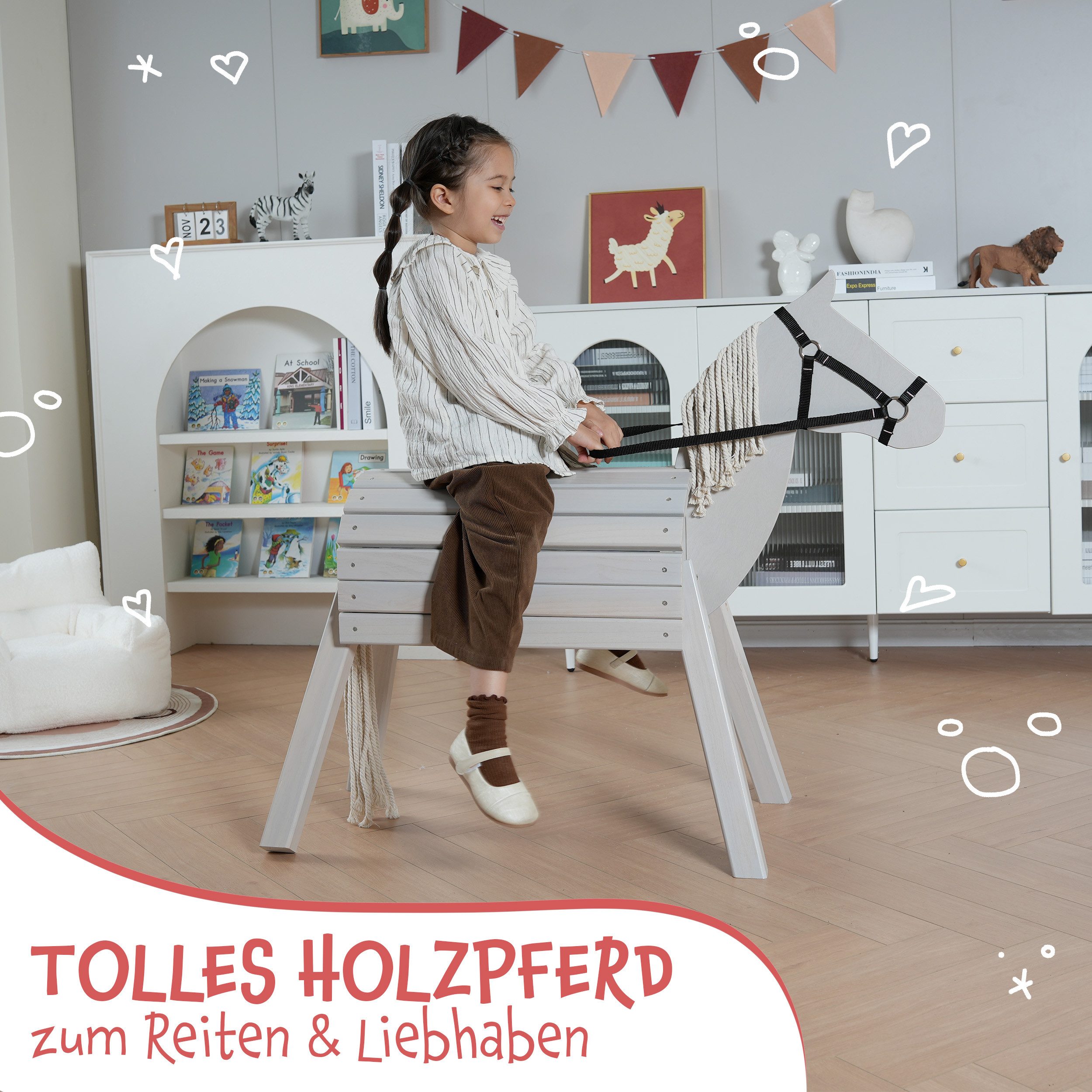 Pink Papaya Holzpferd Reitpferd aus Holz für Kinder, Holzpferd mit Mähne und Schweif, langlebig und wetterfest, fördert Kreativität und Motorik