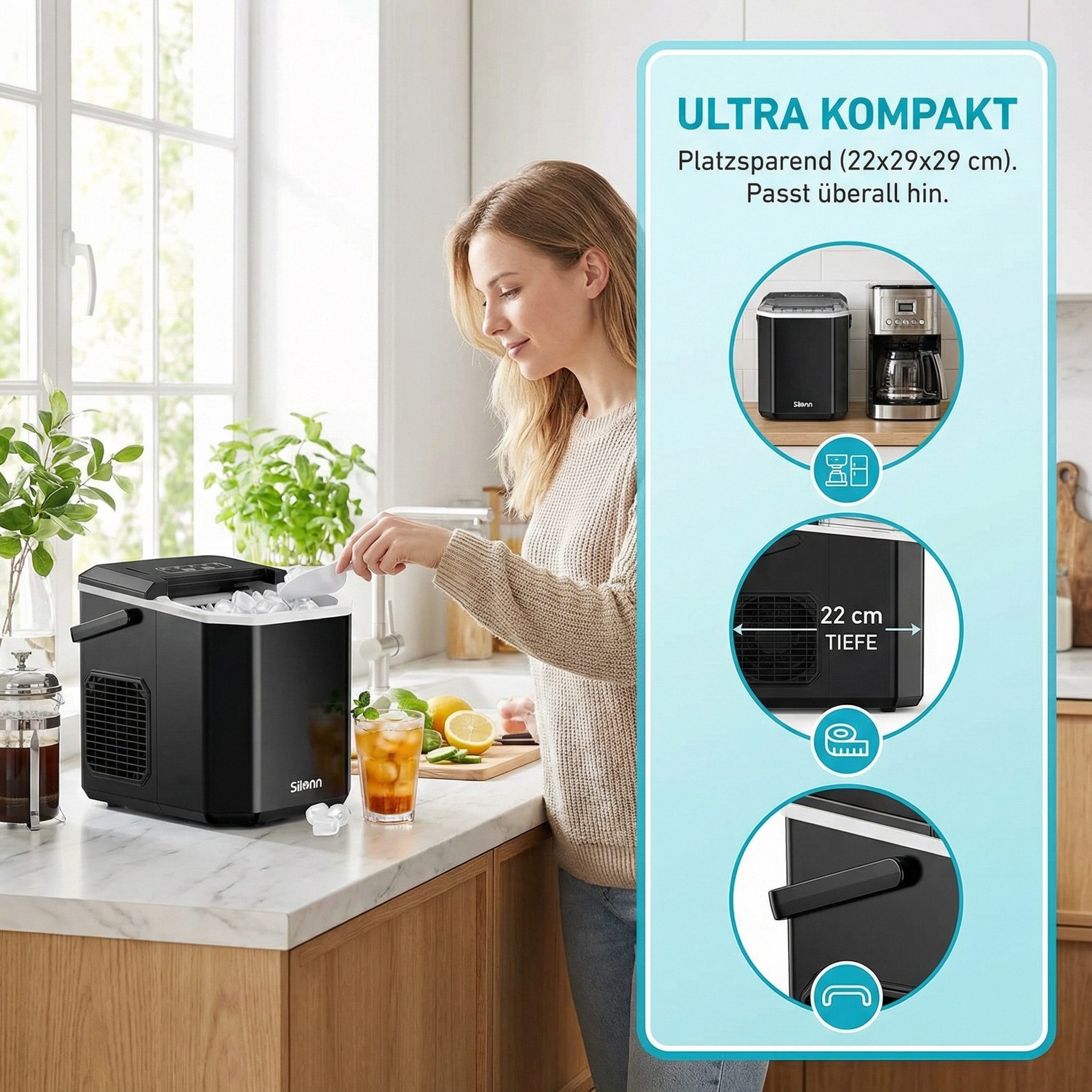 Silonn Eiswürfelmaschine 9 Würfel in 6 Min, 12 kg/Tag, 2 Eisgrößen, Eiswürfelbereiter, Tragbar, Selbstreinigend, Energiesparend, ≤ 45 dB - Für Haushalt, Camping