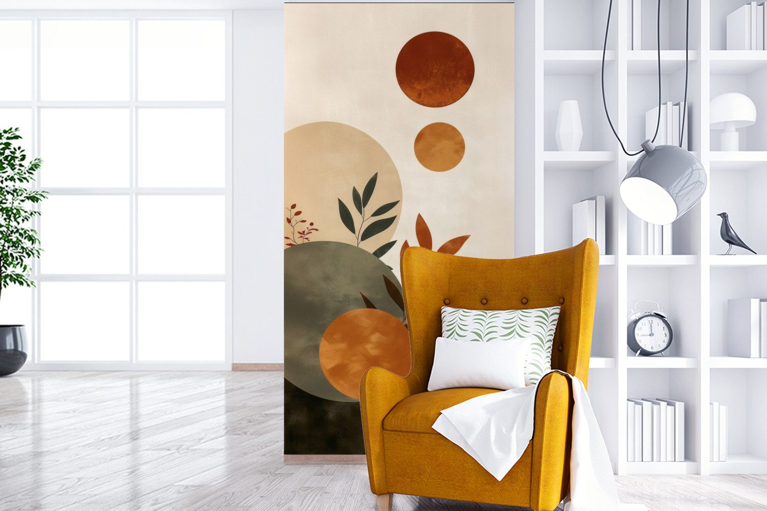 MuchoWow Fototapete Formen - Rund - Blätter - Beige, Matt, bedruckt, Vliestapete für Wohnzimmer Schlafzimmer Küche, Fototapete, 120x240 cm