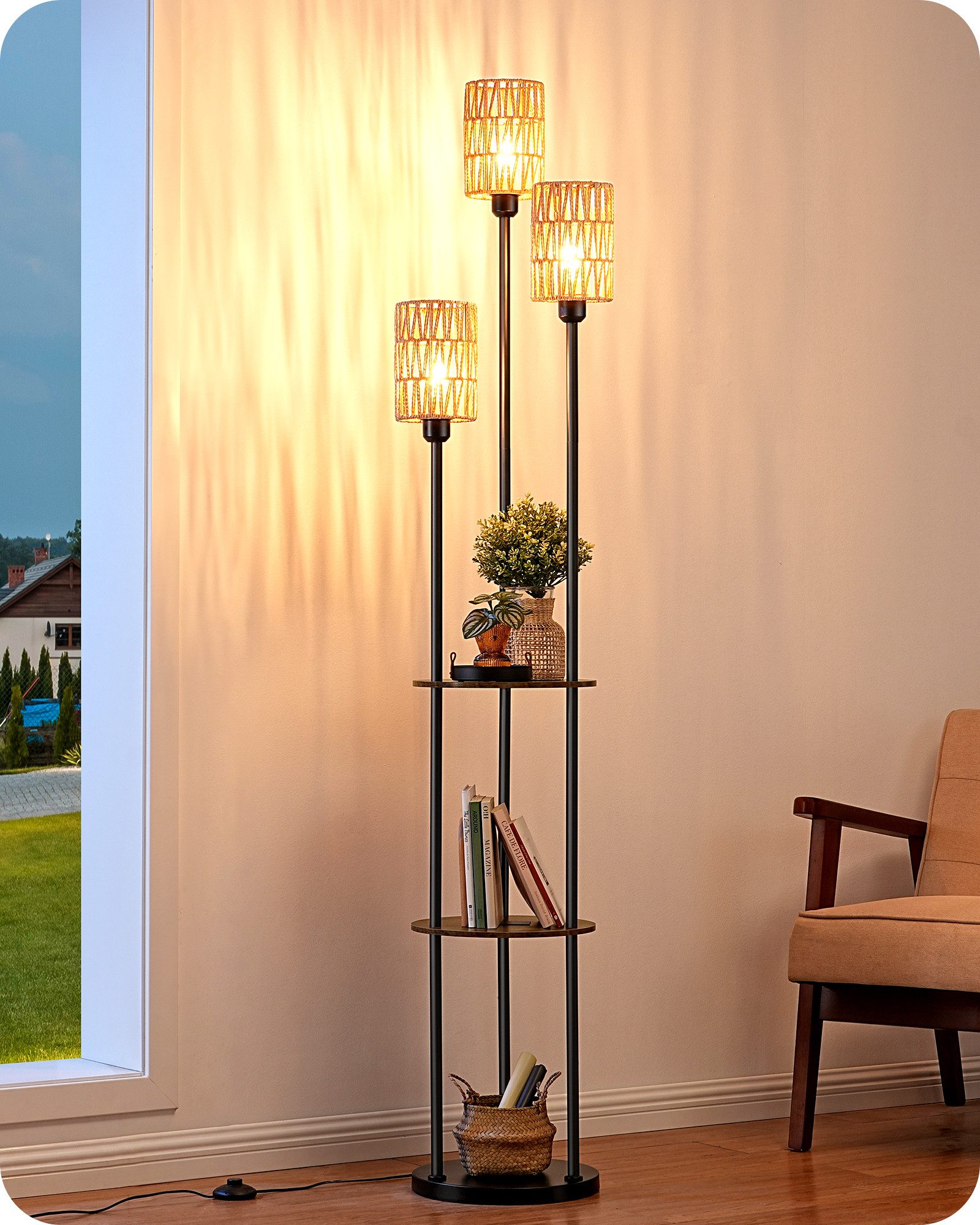 EDISHINE Stehlampe Wohnzimmer, LED wechselbar, warmweiß, Boho Stehlampe, 3-flammige Standleuchte mit Regalen