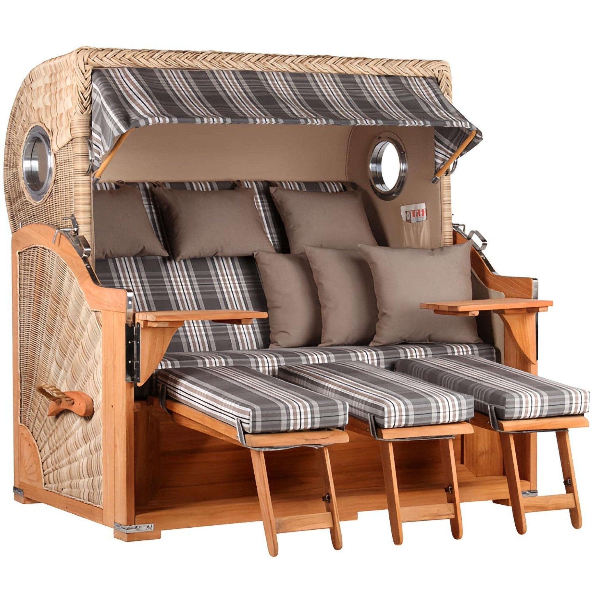 MR.DEKO Strandkorb XXL Dreisitzer Teak Shell PE-Geflecht mit Bullaugen 170x95x170cm, BxTxH: 170x95x170 cm, XXL, Baltikum XXL, (Fertig montierter großer Strandkorb für Garten & Terrasse, 1-tlg), Wetterfester Volllieger mit Edestahlbeschlägen & waschbaren Polstern