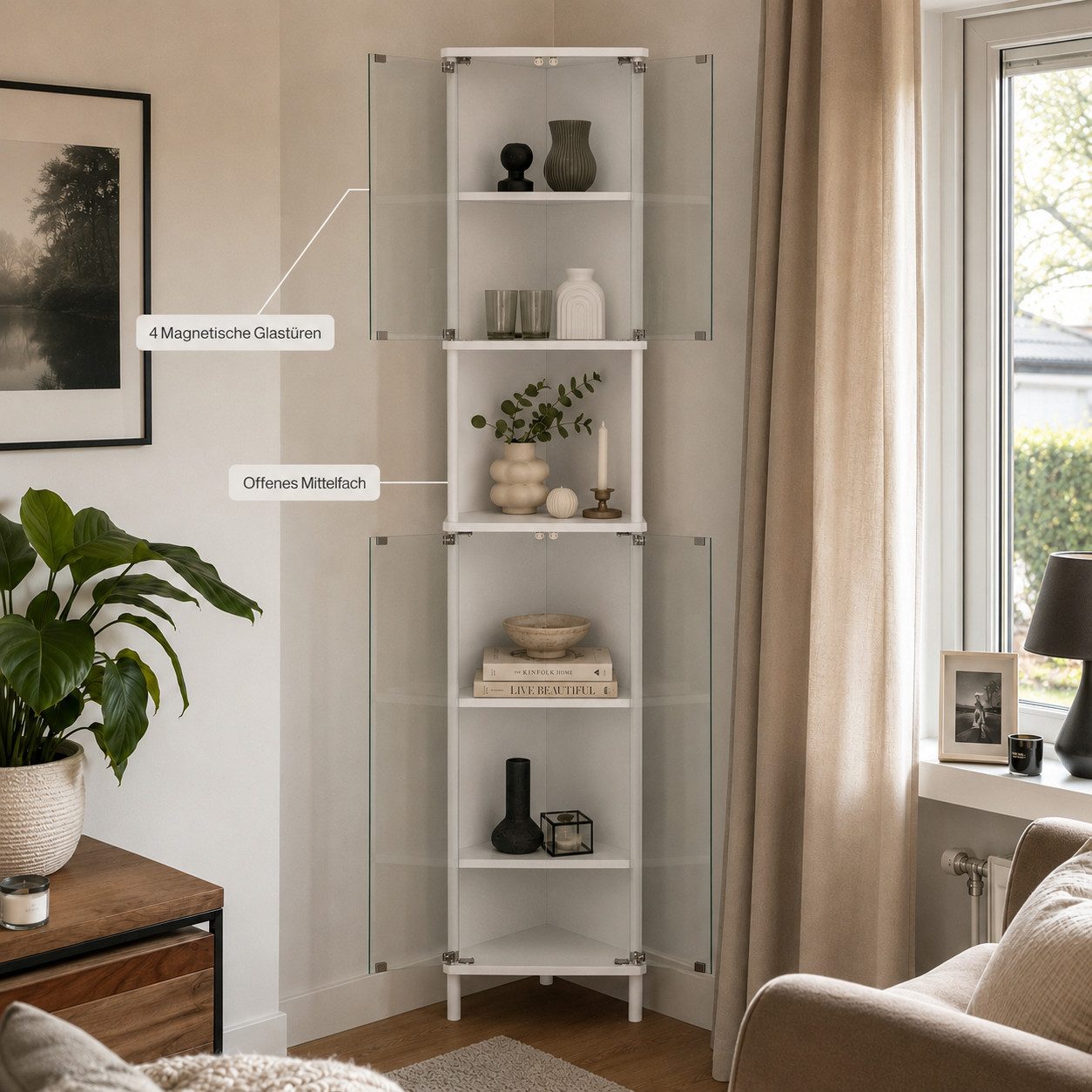 FUFU&GAGA Eckvitrine 173cm Glasvitrine Sammlervitrine Weiß, 4 Glastüren Eck-Design, Kippsicherung inklusive