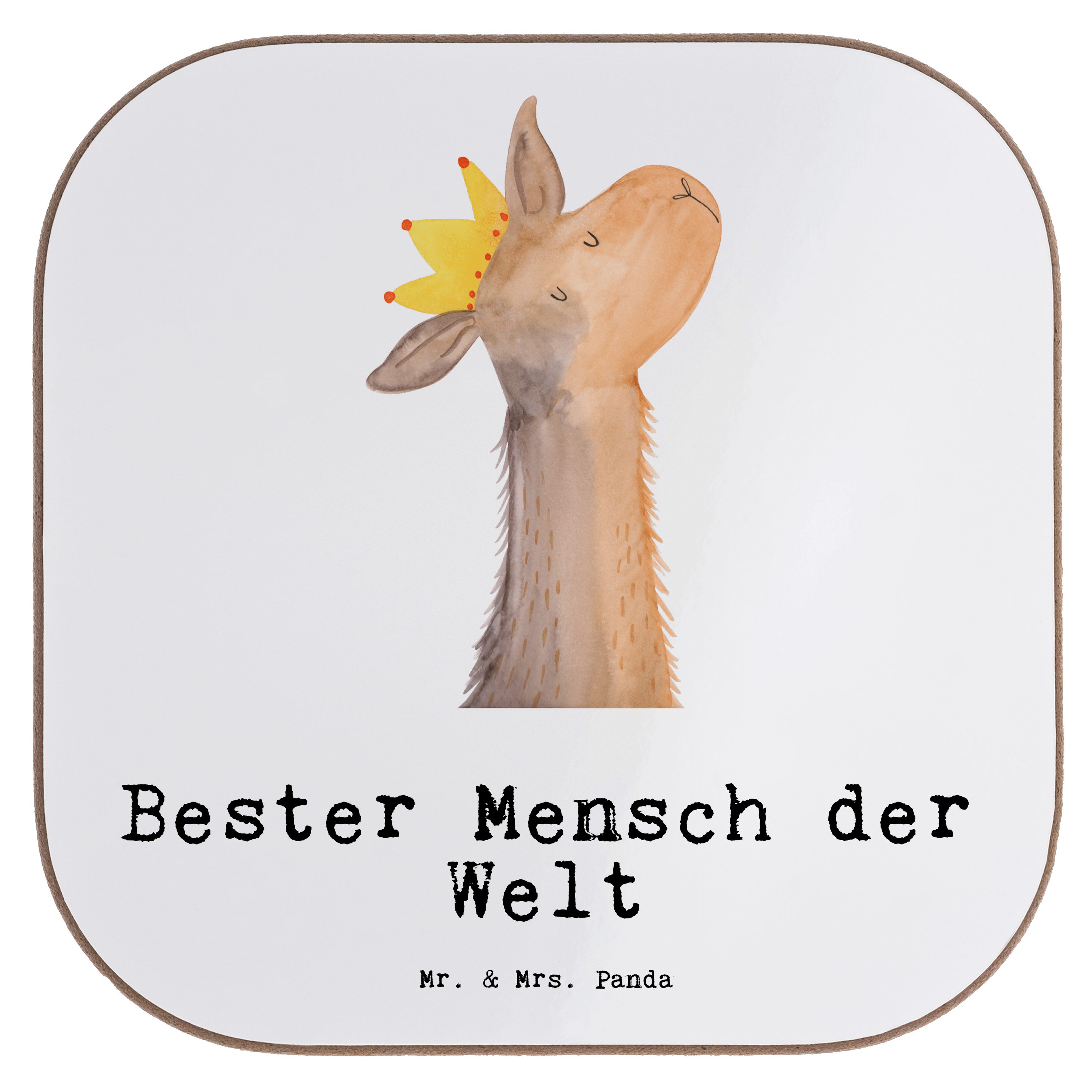 Mr. & Mrs. Panda Getränkeuntersetzer Lama Bester Mensch der Welt - Weiß - Geschenk, Glasuntersetzer, Bierd, 1-tlg.