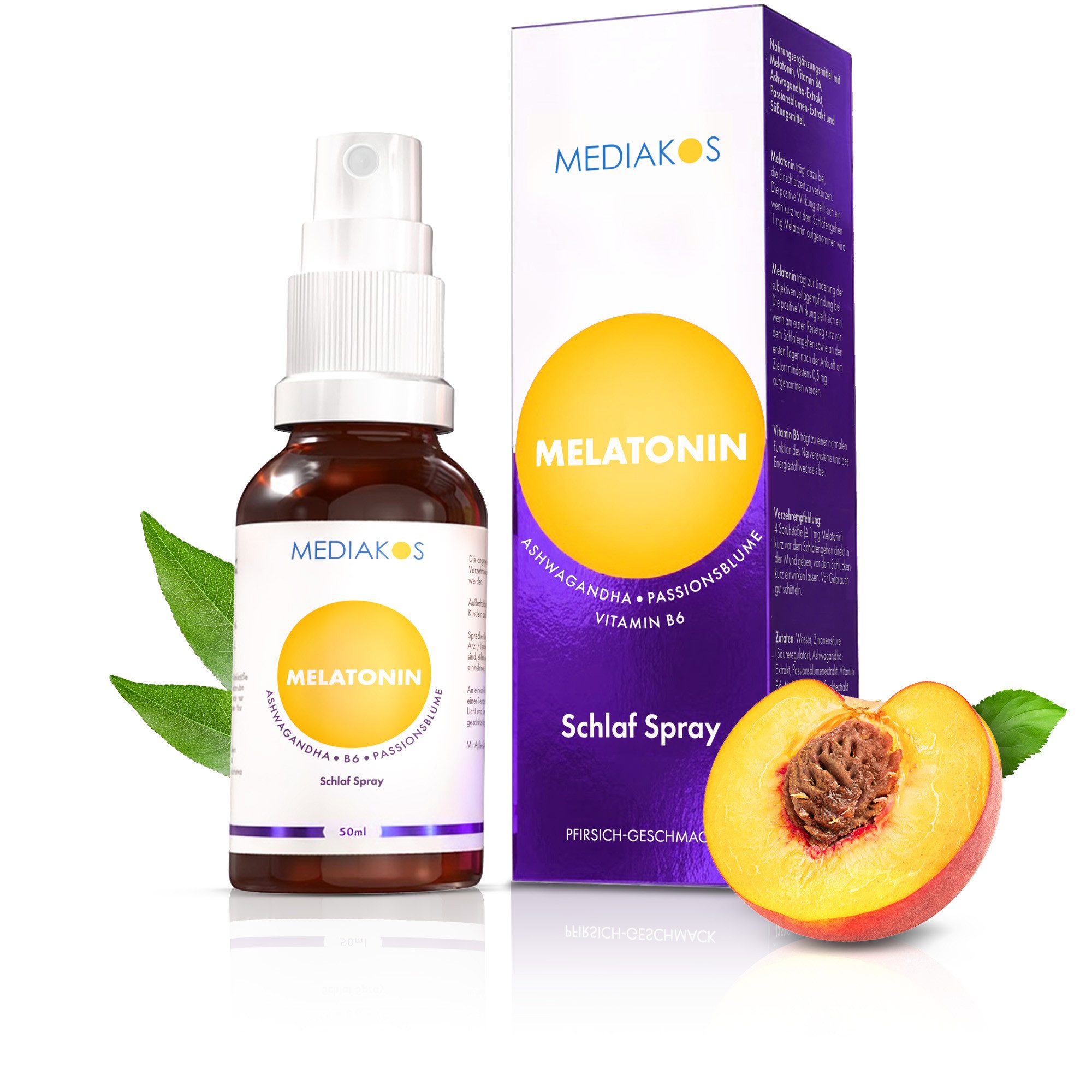 Mediakos Mediakos Melatonin Ashwagandha Schlaf Spray, mit Vitamin B6 und Passionsblume – schneller einschlafen, besser durchschlafen – Vegan à 50 ml