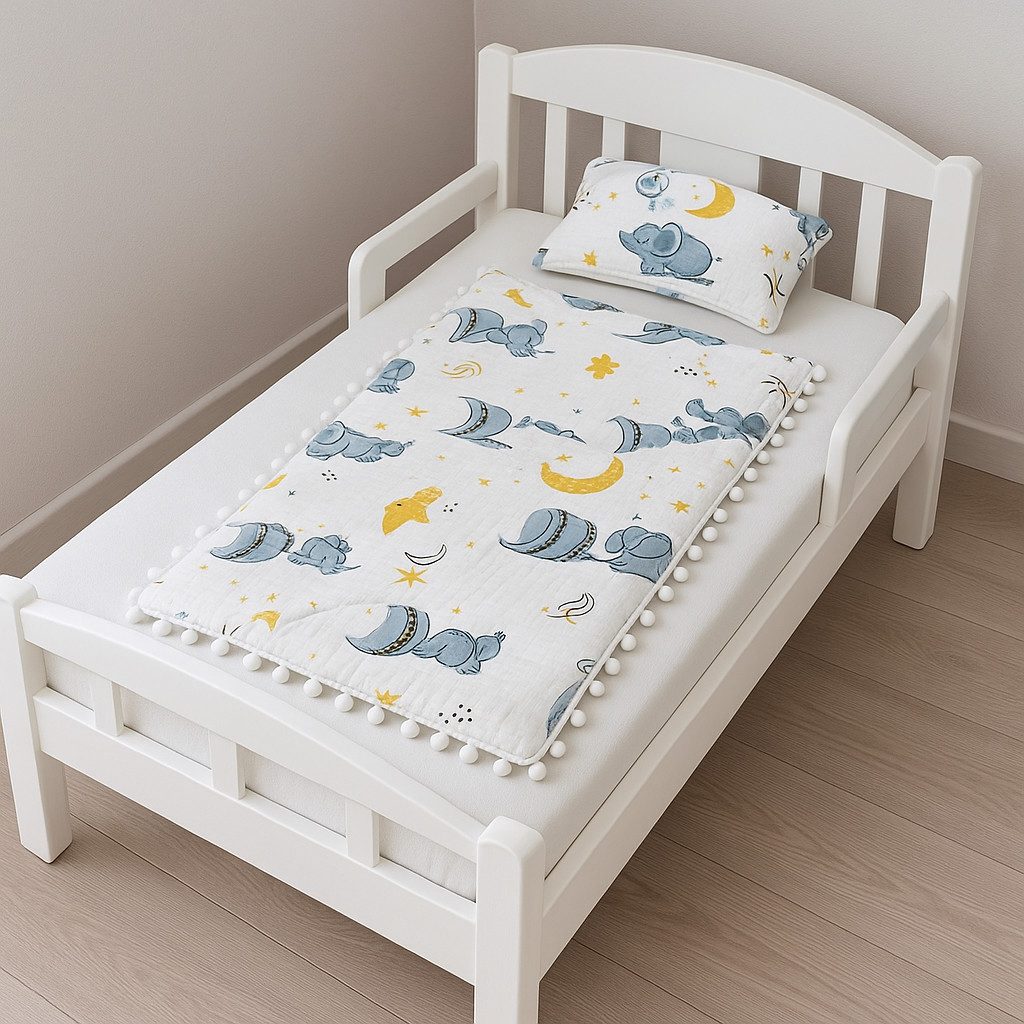 Jungengel Wickelauflage Babyauflage mit Kissen Wickelunterlage Baumwollauflage Babybett (Set, 2-tlg), 2-Teilig, Atmungsaktiv, Elefantenmotiv & Bommelrand