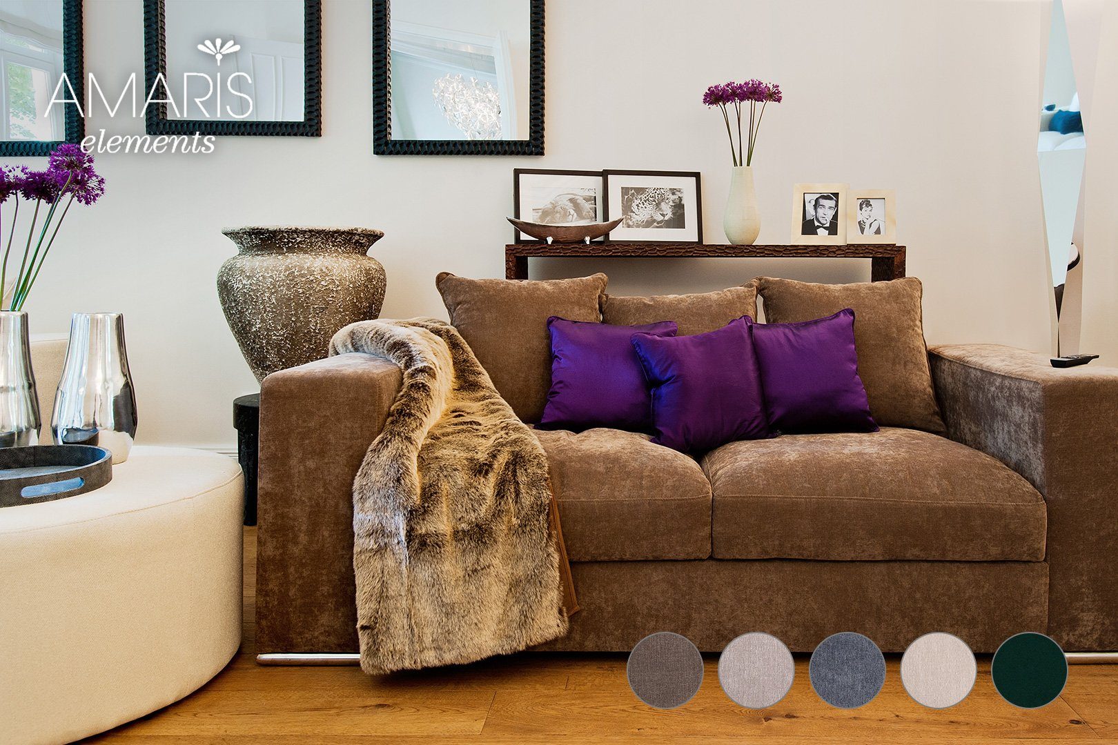 Samt Sitzer 4 Stoff-Bezug gemütlich Elements 'George' AMARIS Couch Größen od. (Samt) 2m, 2 Braun Sofa