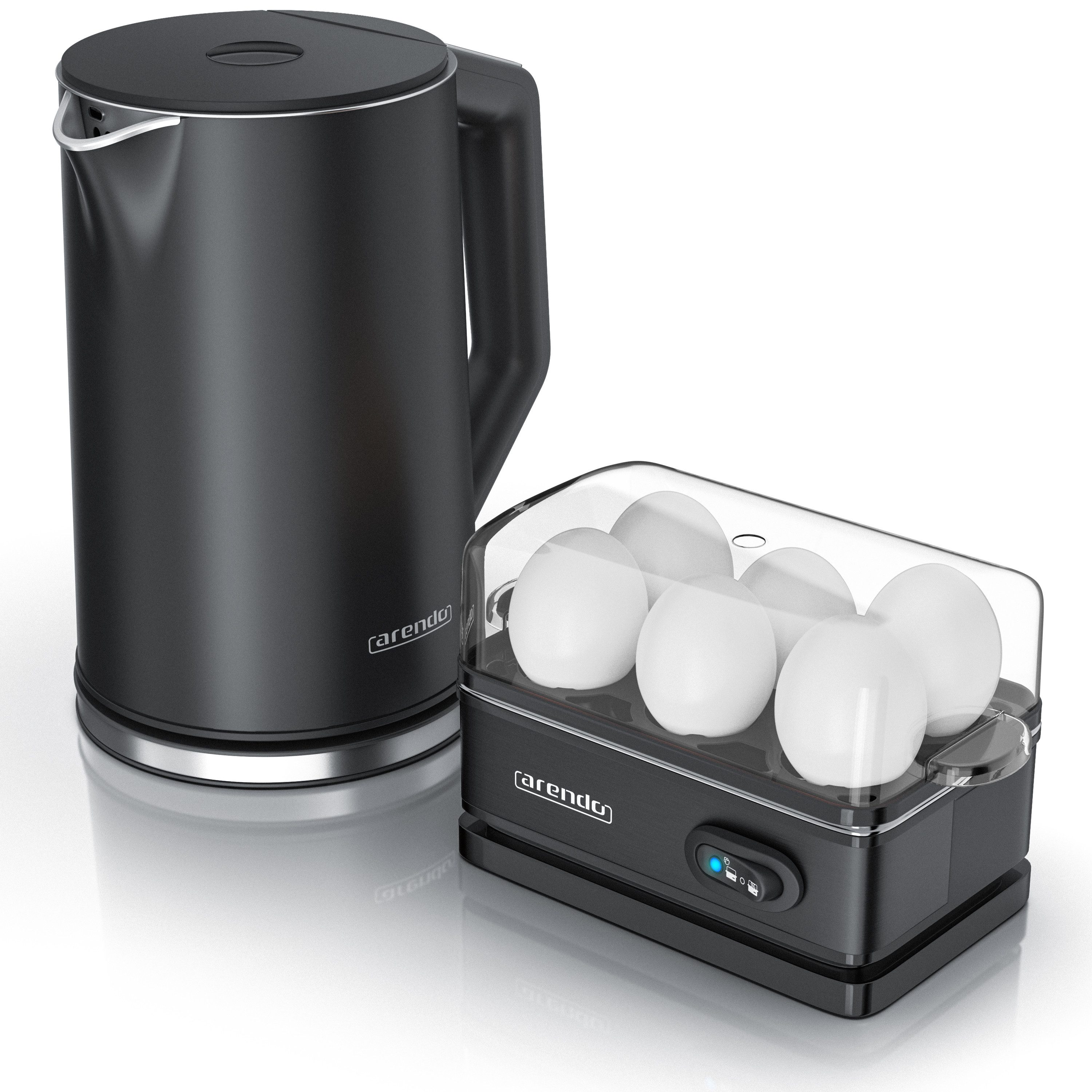Arendo Frühstücks-Set Edelstahl Wasserkocher 1,5l, 6er Eierkocher, Schwarz (2-tlg), BPA-frei, GS-geprüfte Sicherheit, perfekt fürs Familienfrühstück