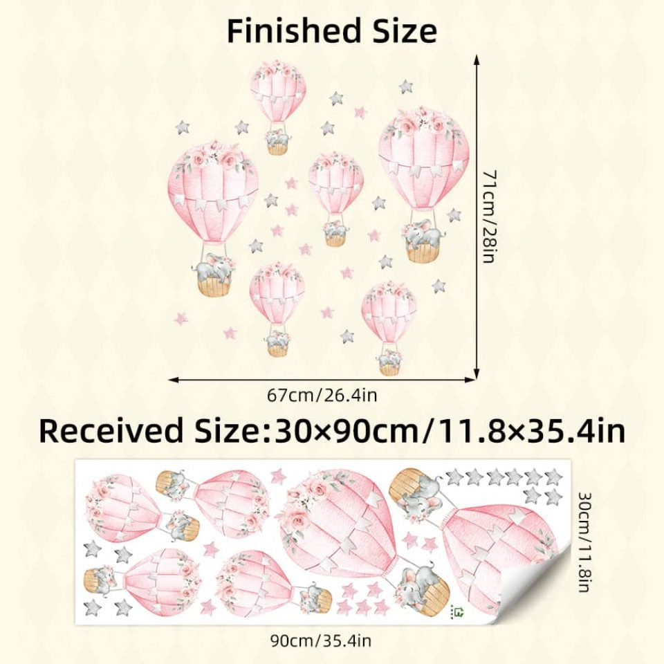 Montegoni Wandsticker 30 x 90 cm Rosa schlafender Babyelefant mit Heißluftballon, Abziehbare Wandsticker mit süßem Design, leicht anzubringen – Bild 4 von 4