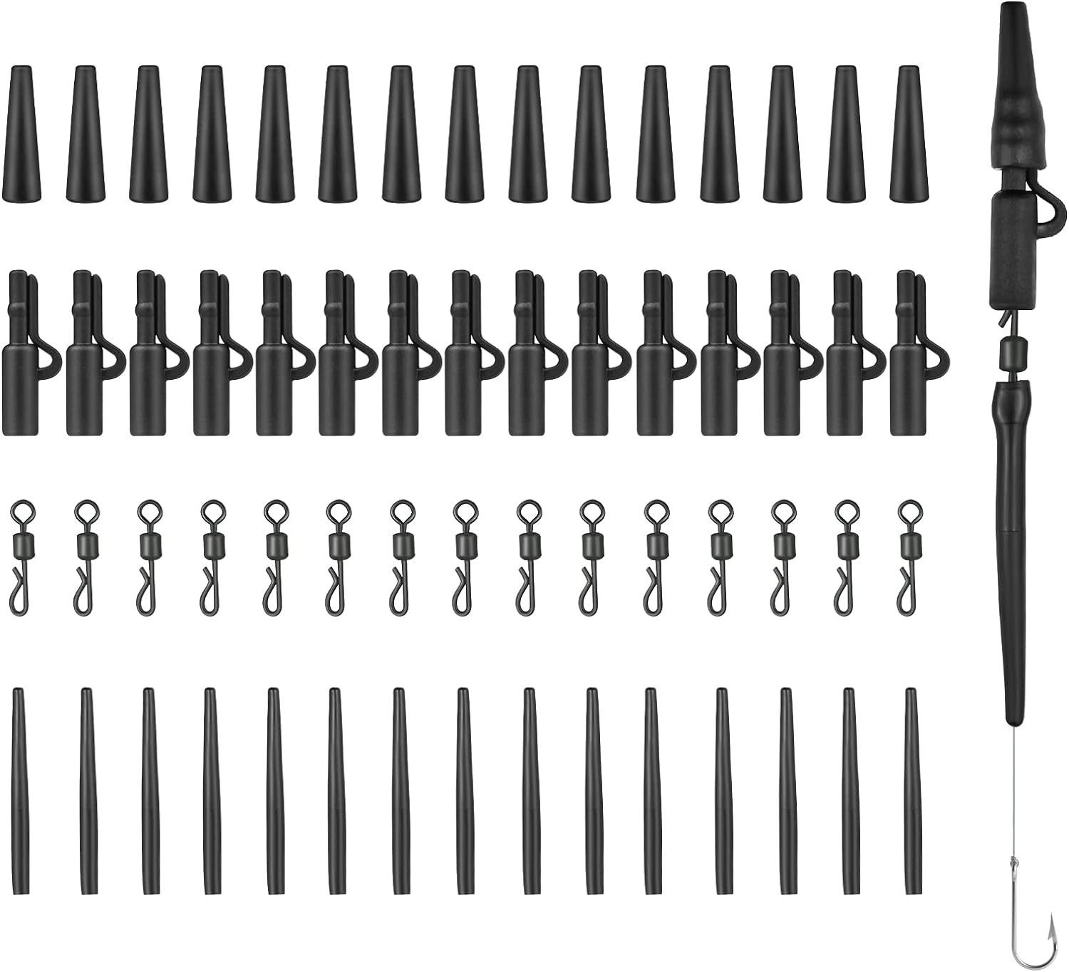 Aalhaken 60 Stk Karpfen Zubehör Set Profi mit Sicherheits Clips Schwarz